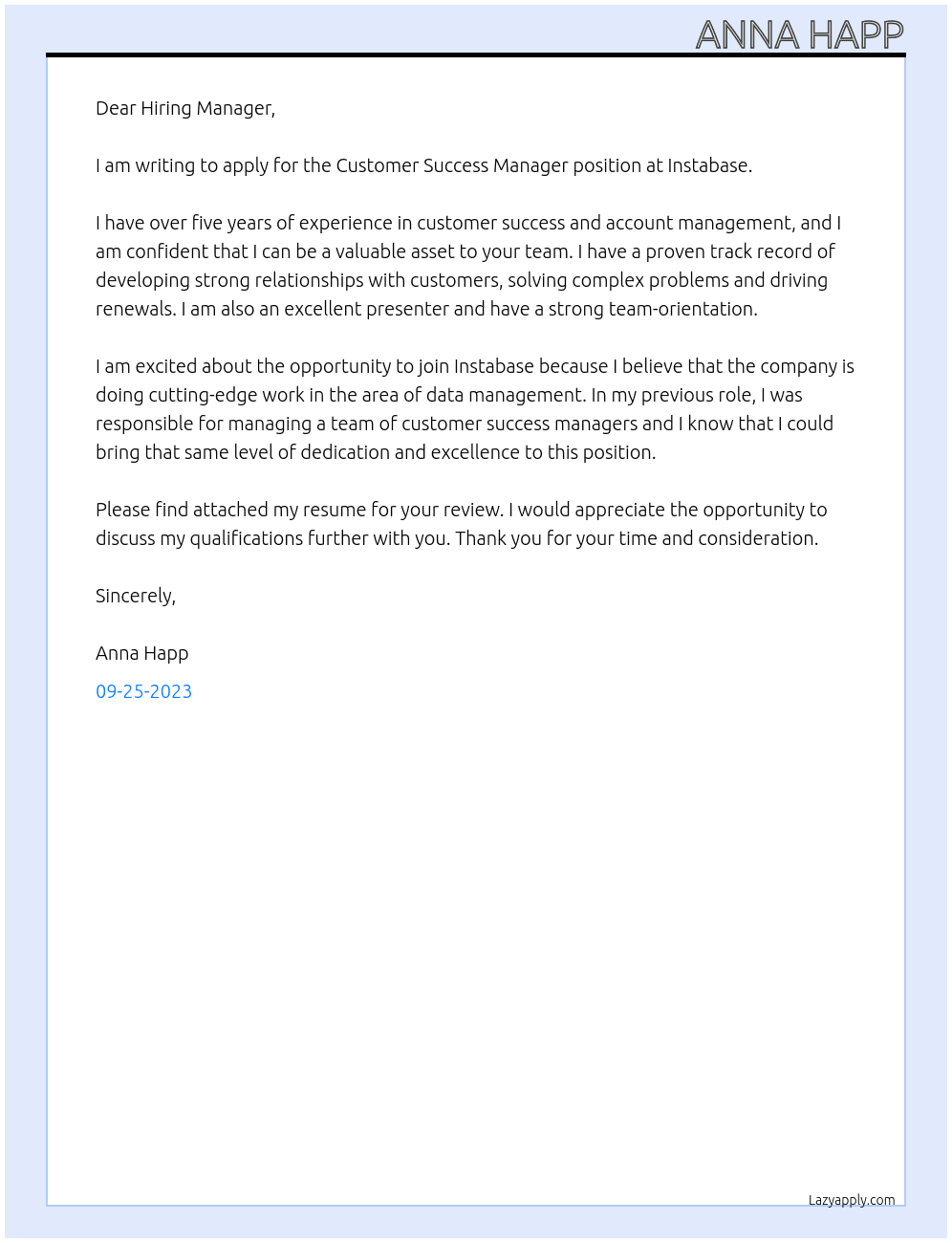 Customer Success Manager At Instabase Cover Letter