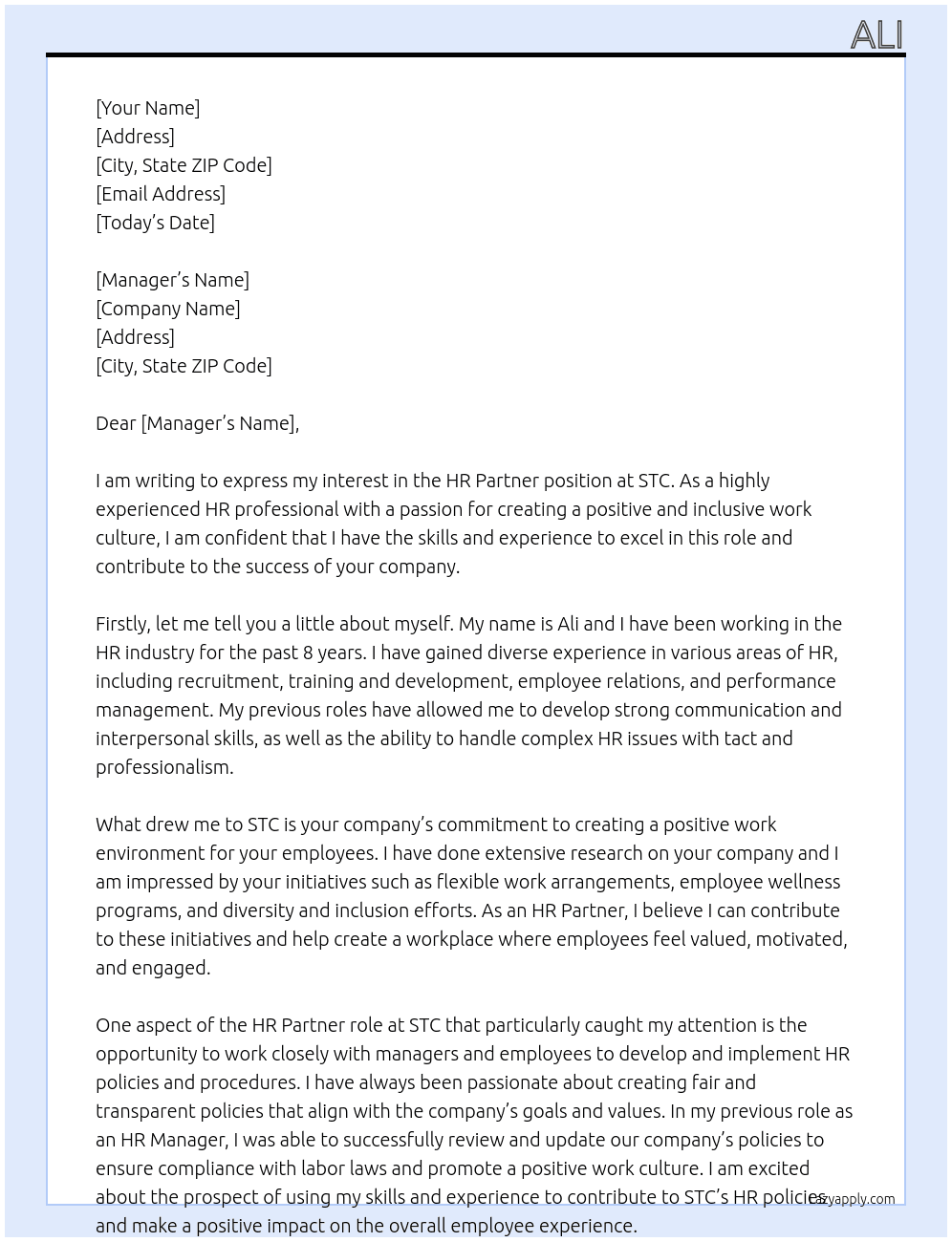 HR Partner  At STC  Cover Letter