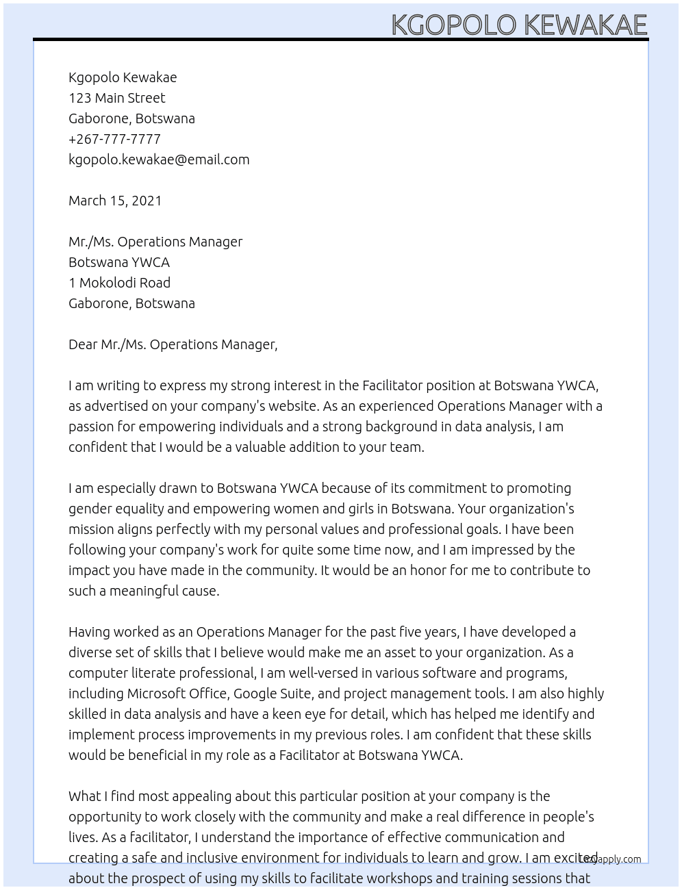 Facilitator At Botswana YWCA Cover Letter