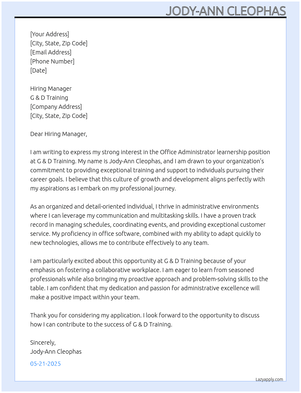 Office Administrator learnership At G & D Training Cover Letter