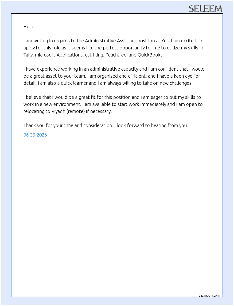 Administrative Assistant At Yes Cover Letter