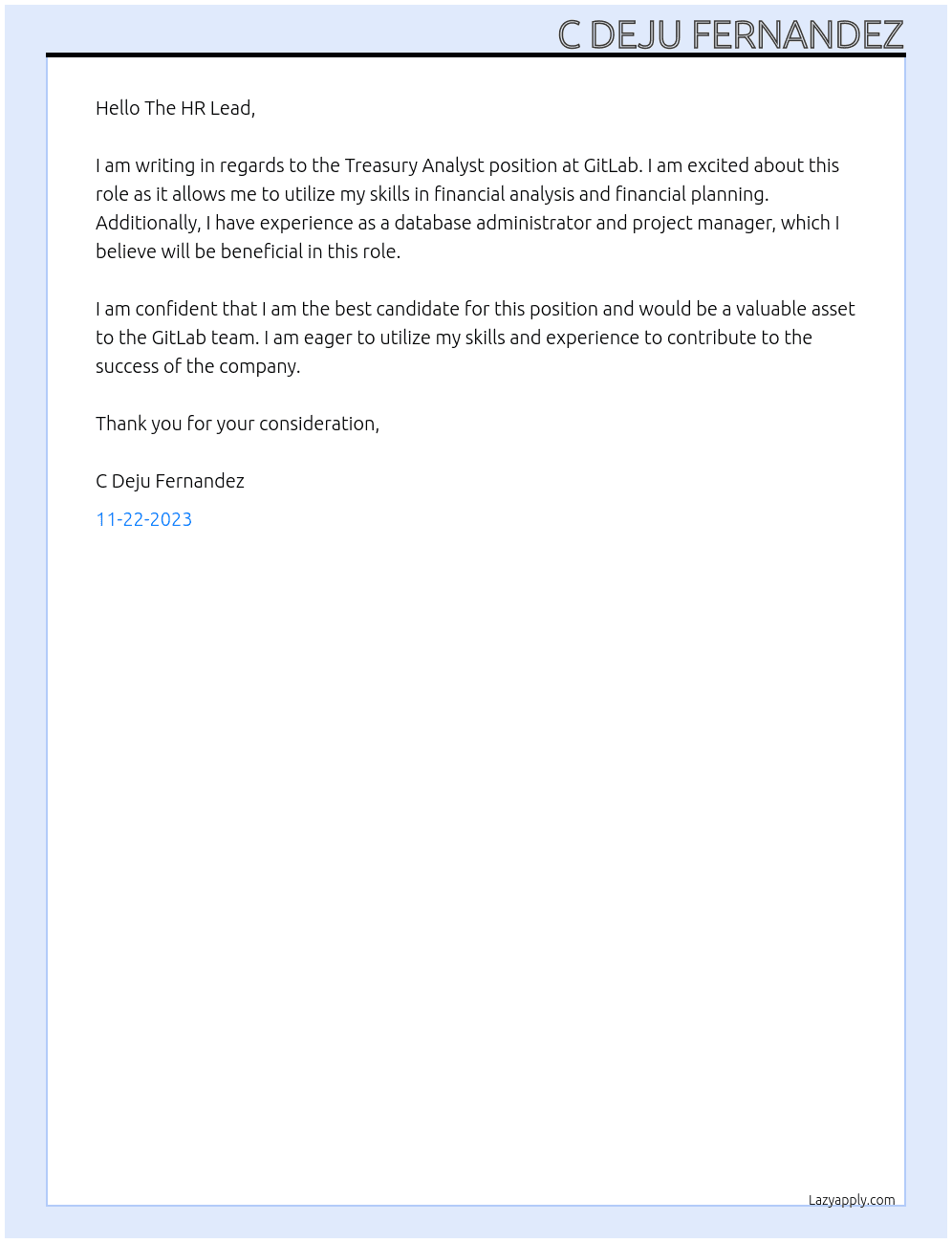 Treasury Analyst At GitLab Cover Letter