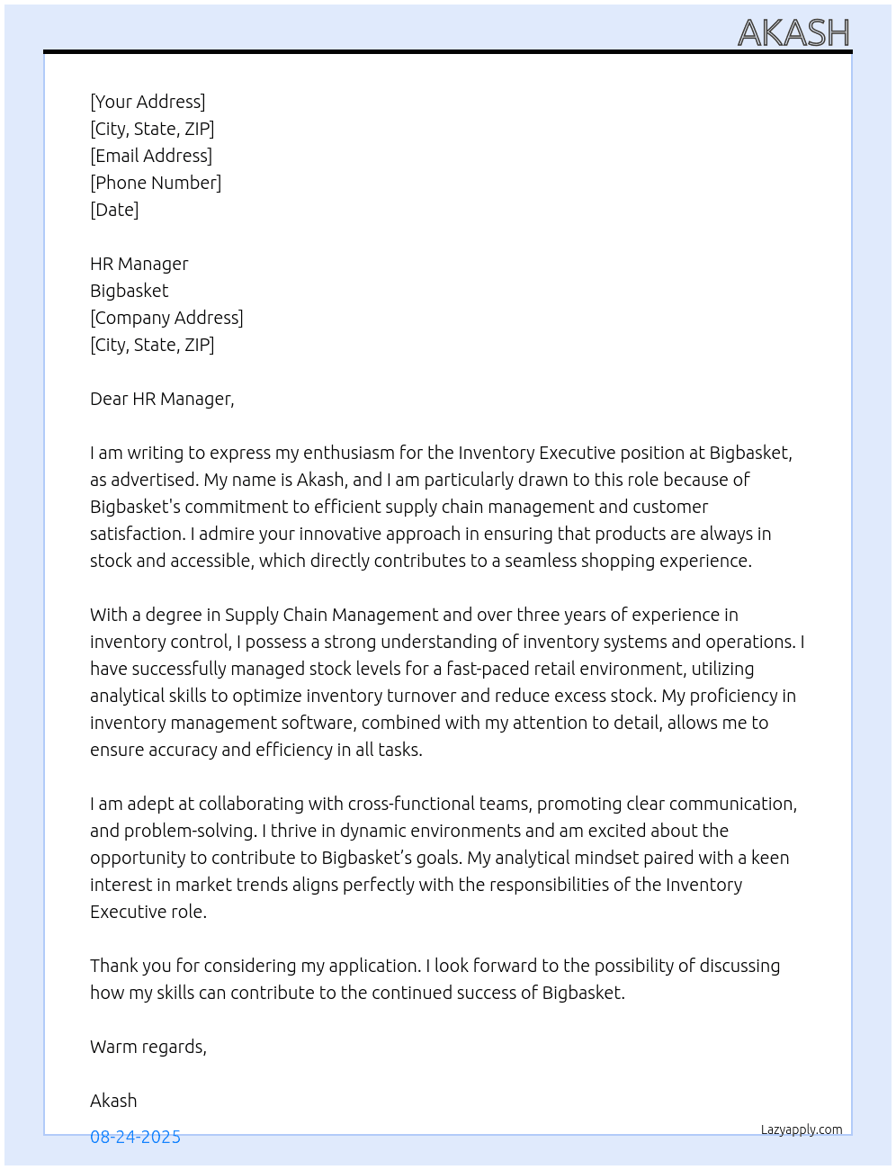 INVENTORY EXECUTIVE At Bigbasket  Cover Letter