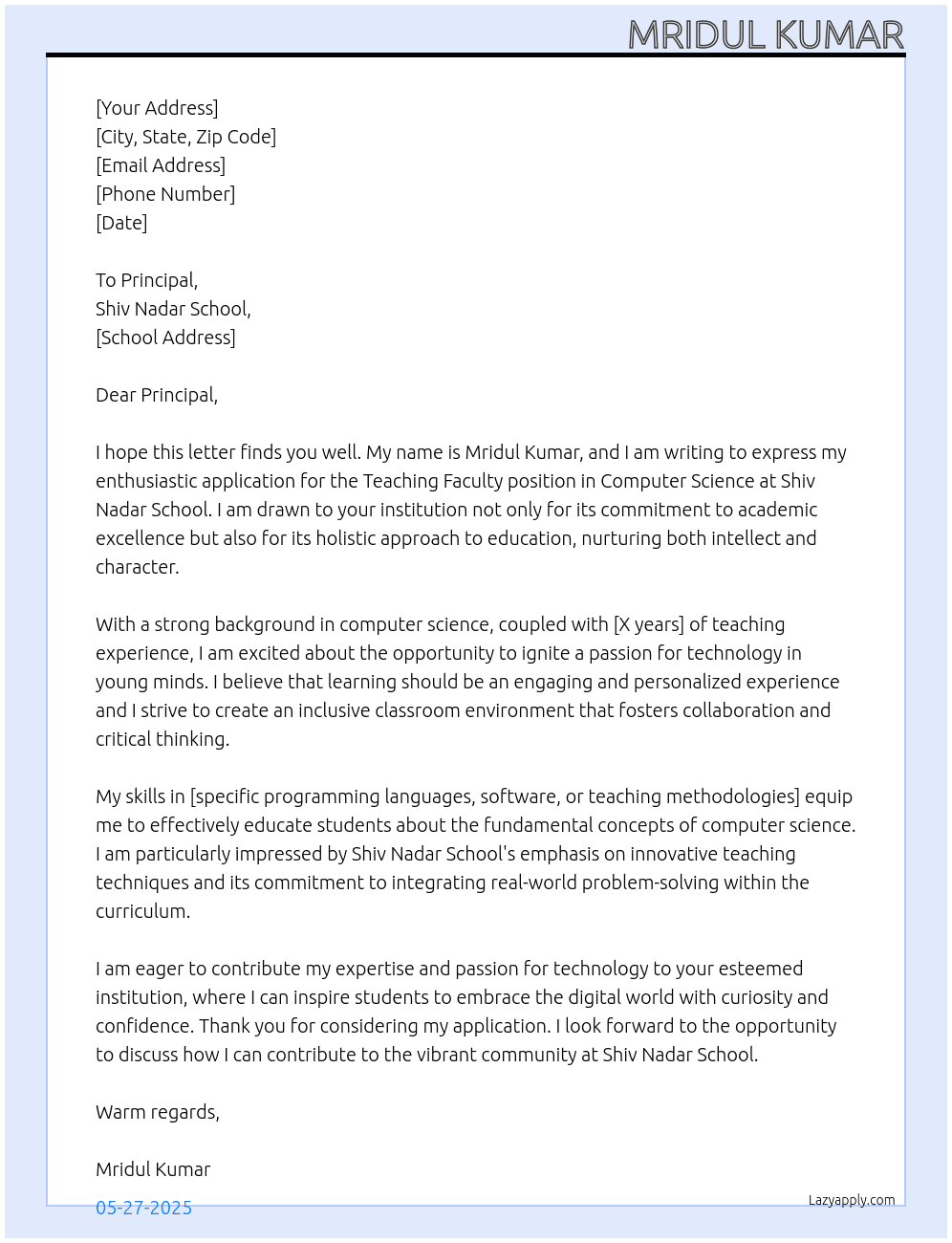 Cover letter for teaching faculty - computer science - LazyApply