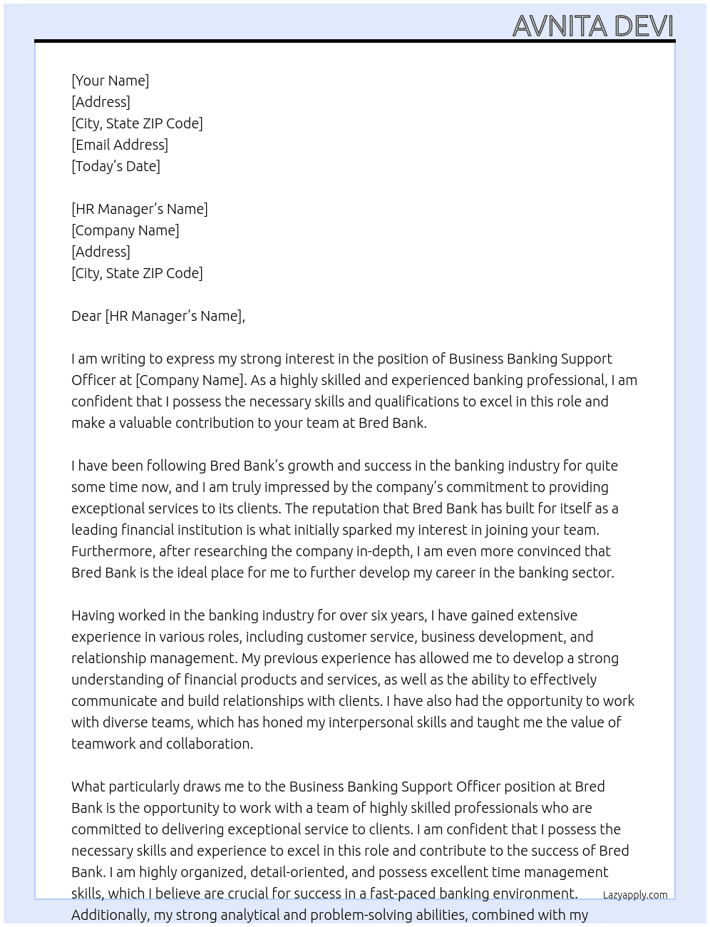 business banking support officer At bred bank Cover Letter