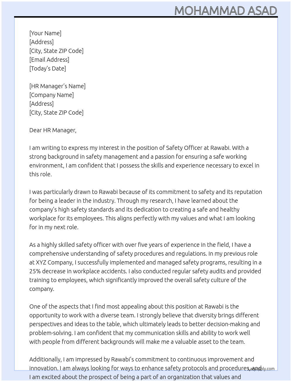 Safety Officer At Rawabi Cover Letter