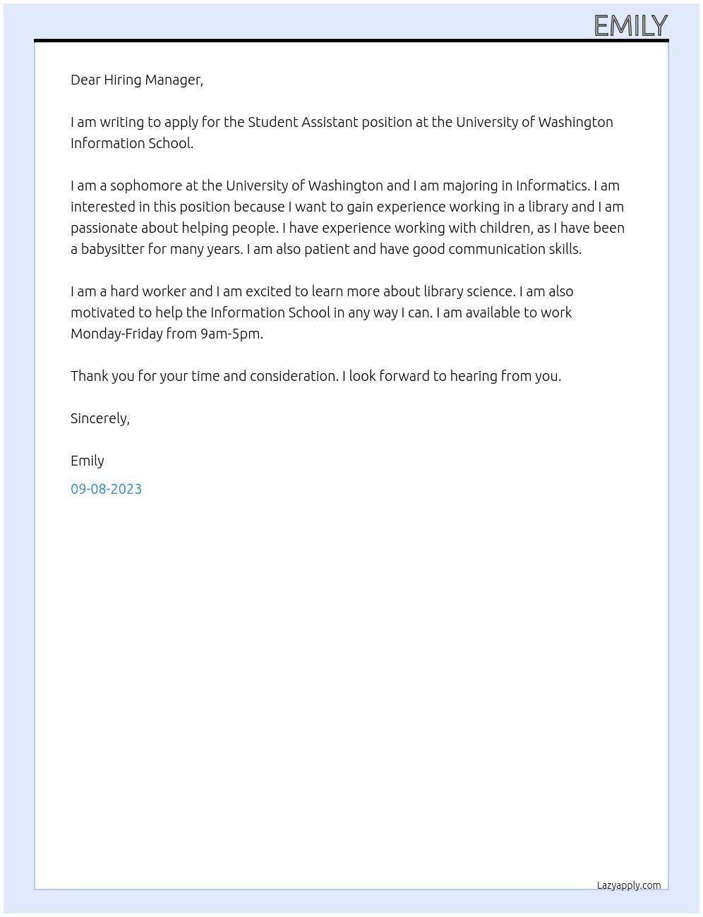 Student Assistant  At University of Washington Information School Cover Letter