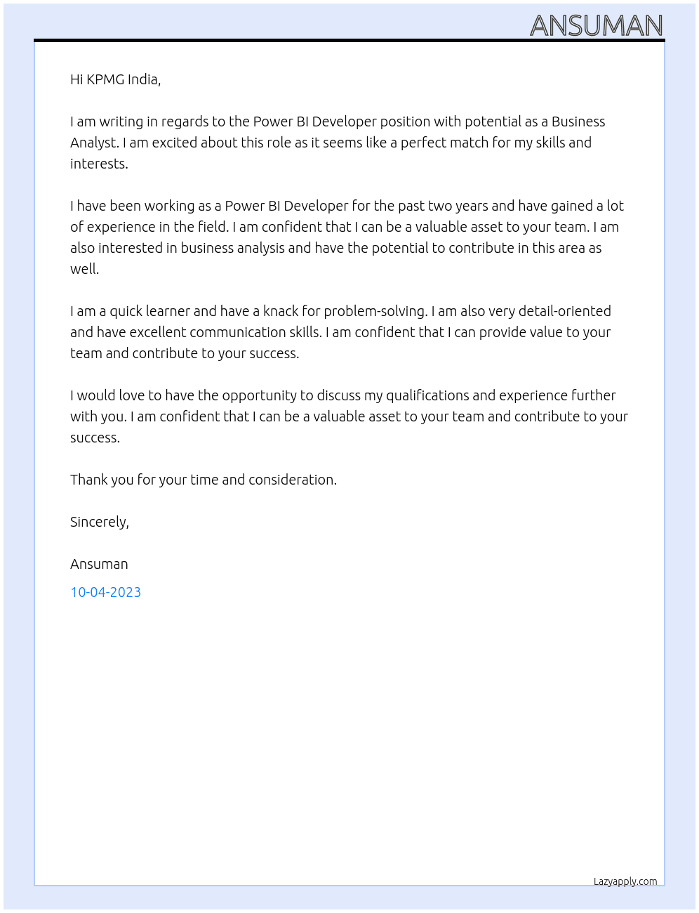 Power BI Developer with potential as a Business Analyst At KPMG India Cover Letter