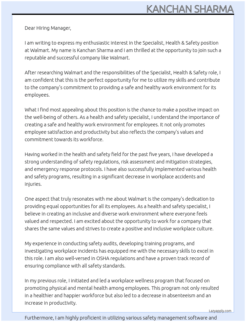Cover letter for specialist, health & safety - LazyApply