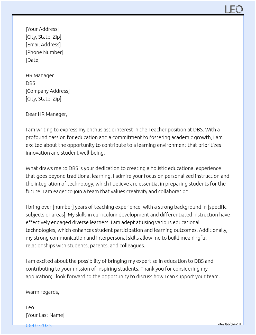 teacher At dbs Cover Letter