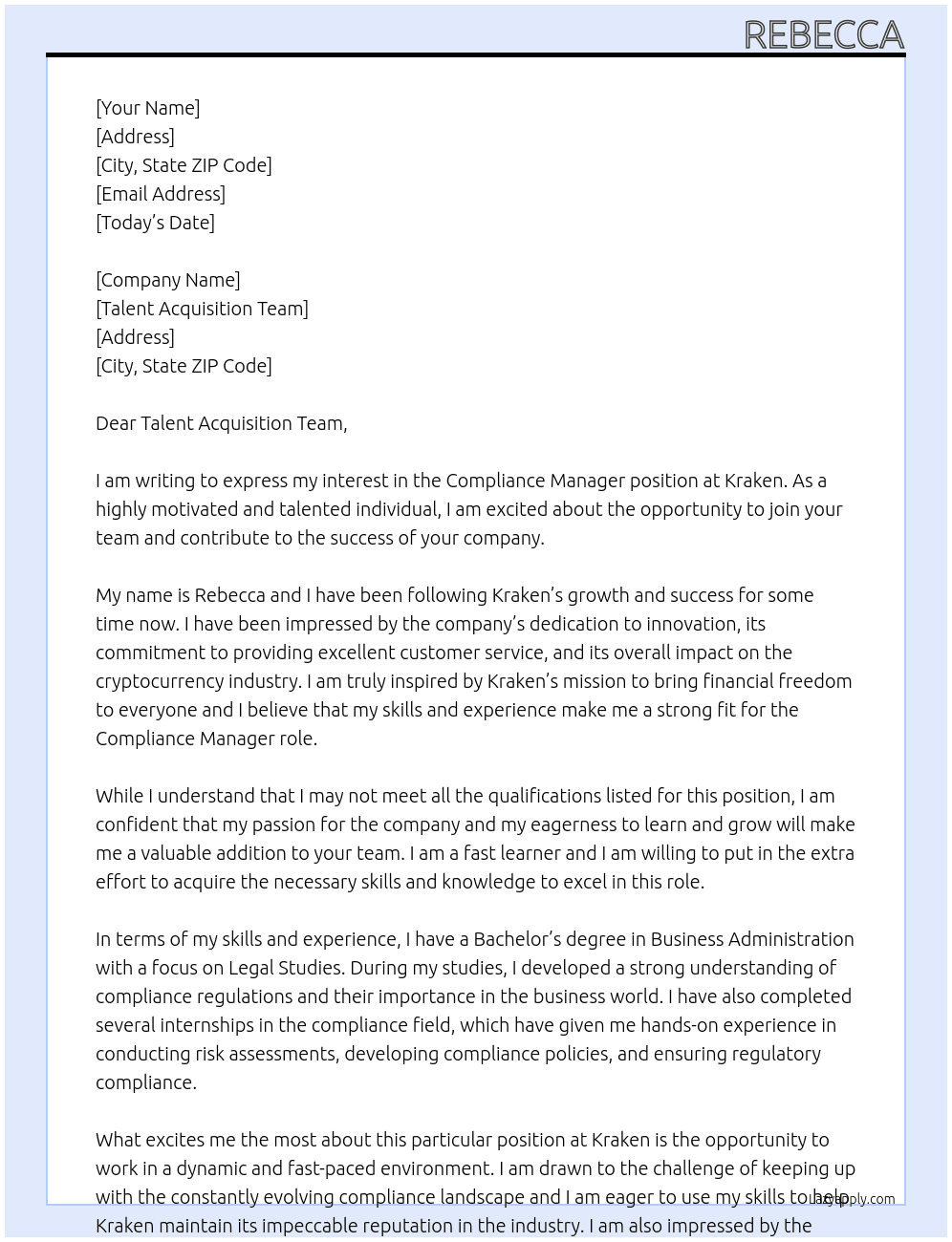 Compliance Manager At Kraken Cover Letter