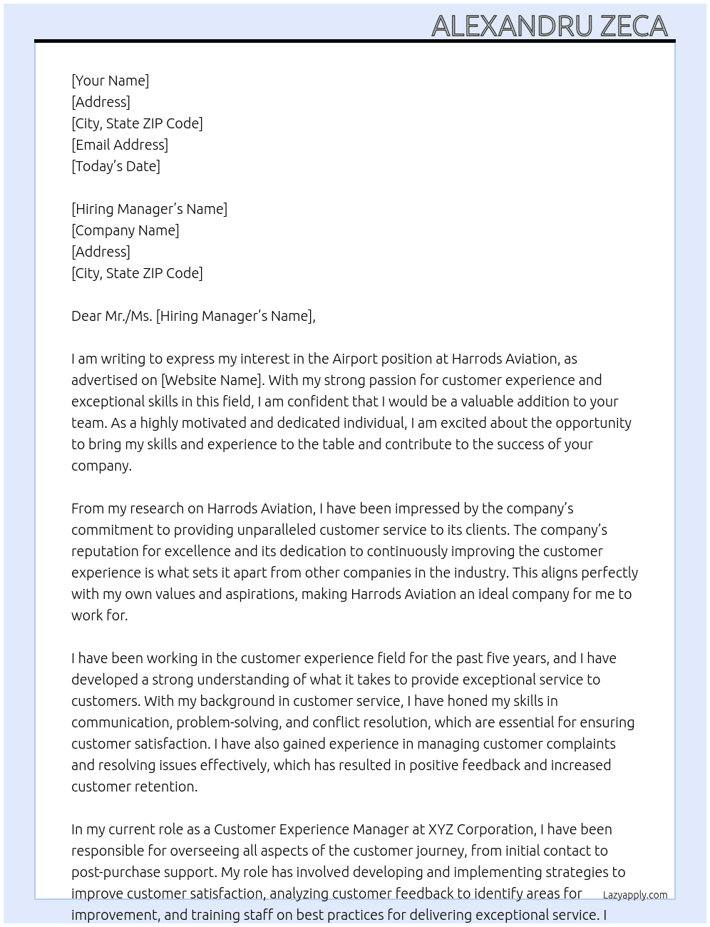 Airport  At Harrods Aviation Cover Letter