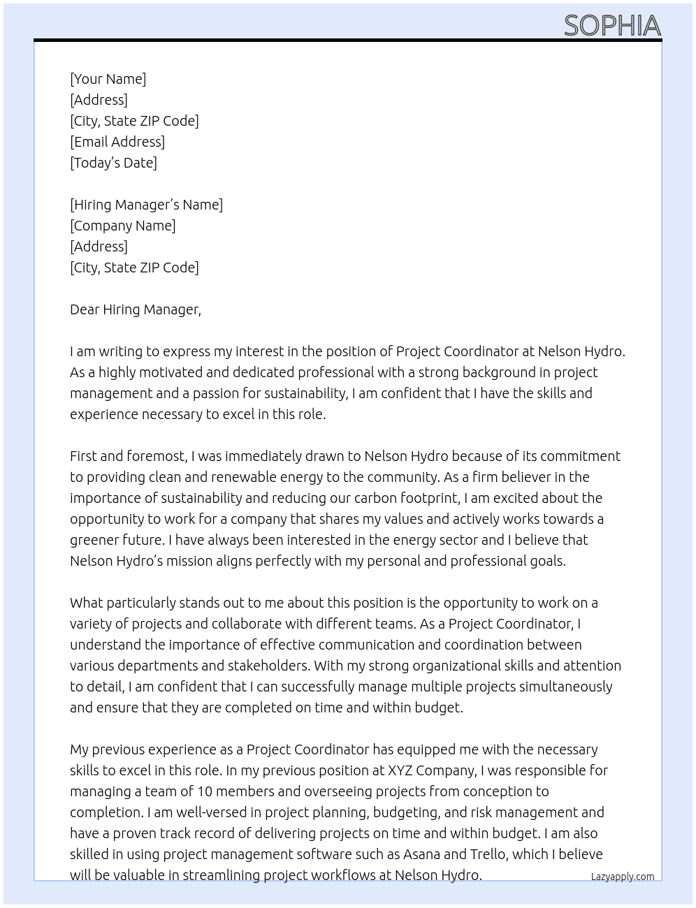 Project Coordinator At Nelson Hydro Cover Letter