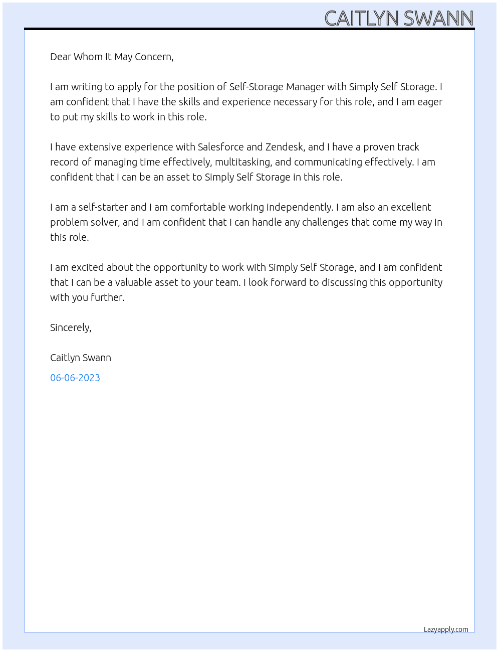 Self-Storage Manager At Simply Self Storage Cover Letter