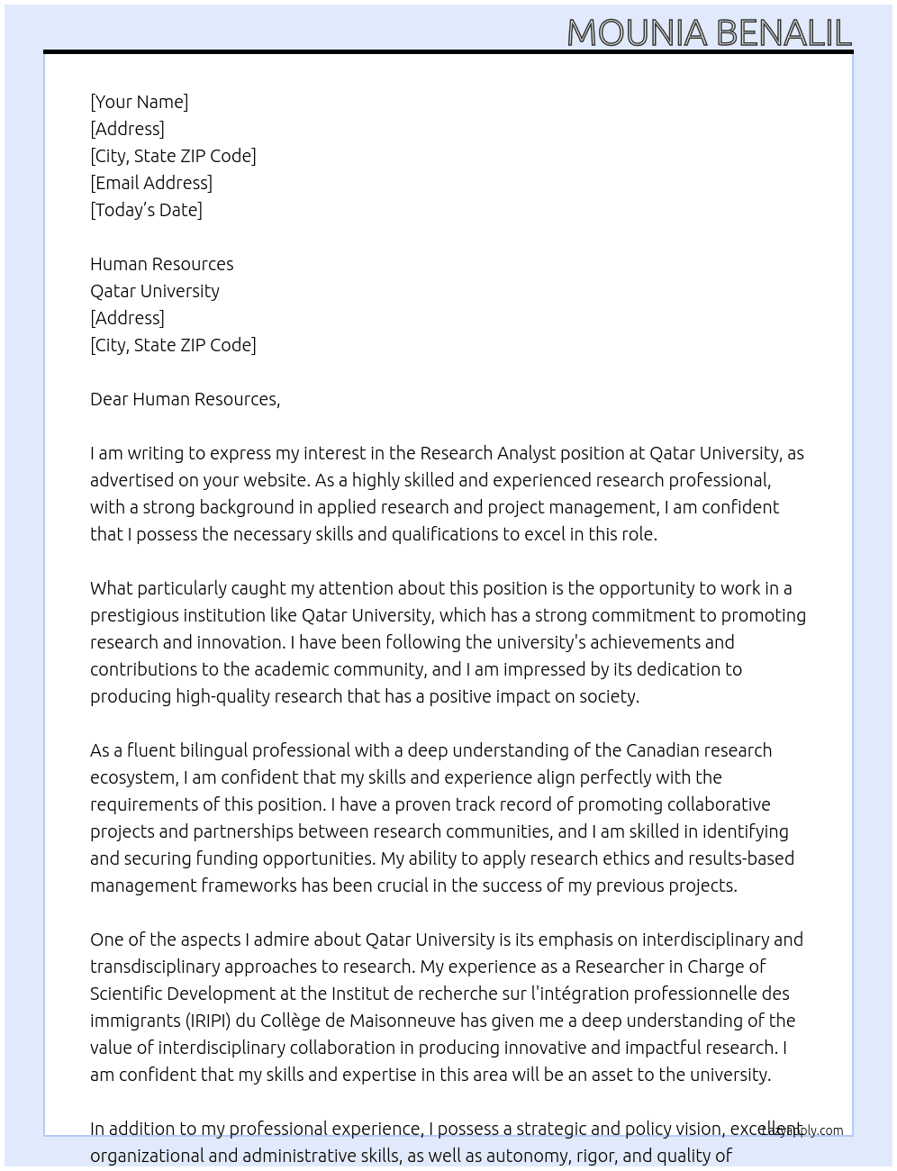 Research Analyst At Qatar University Cover Letter
