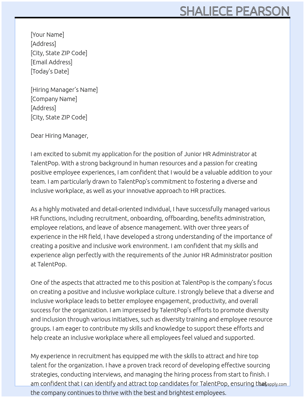 Junior HR Administrator At TalentPop Cover Letter