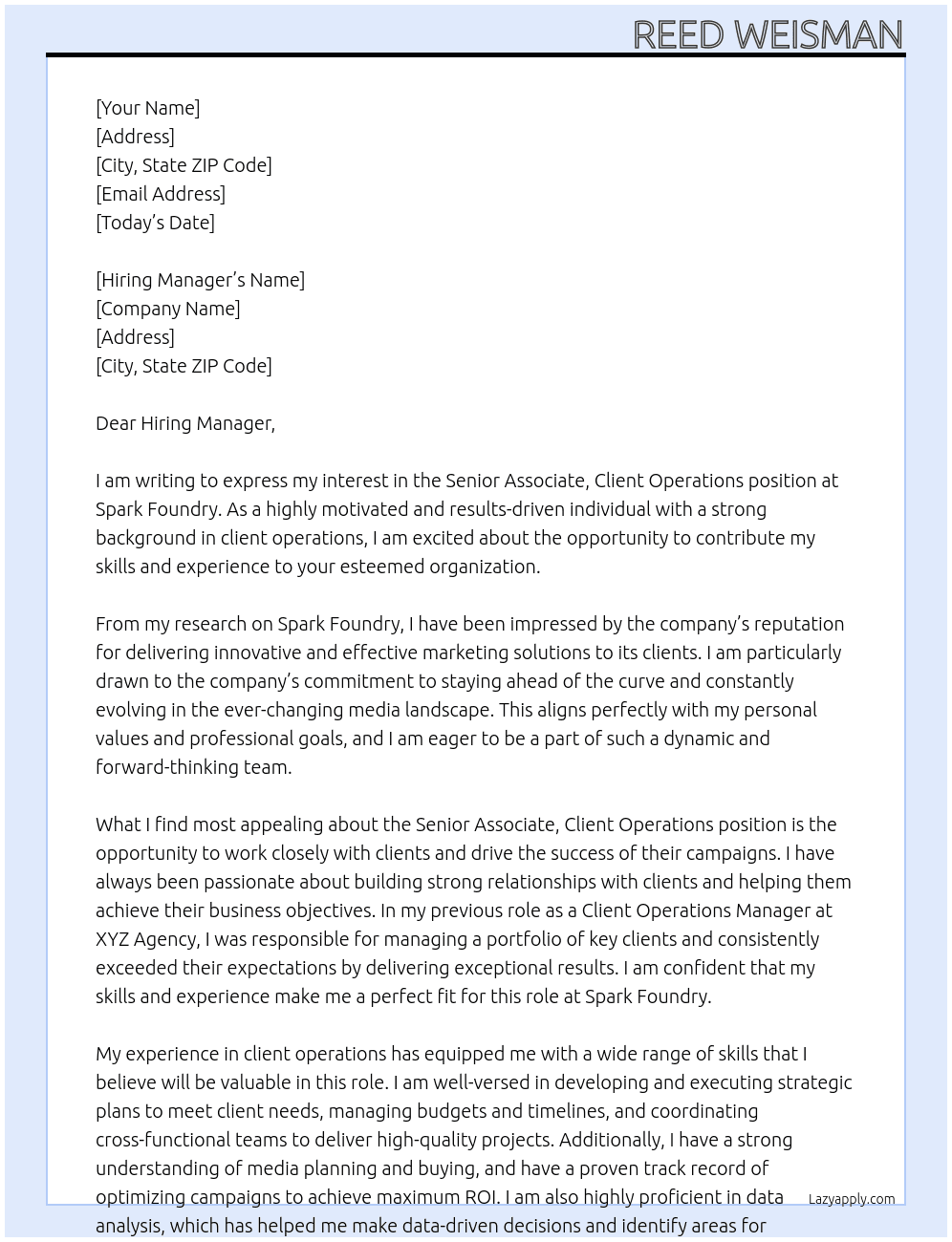 Senior Associate, Client Operations At Spark Foundry Cover Letter