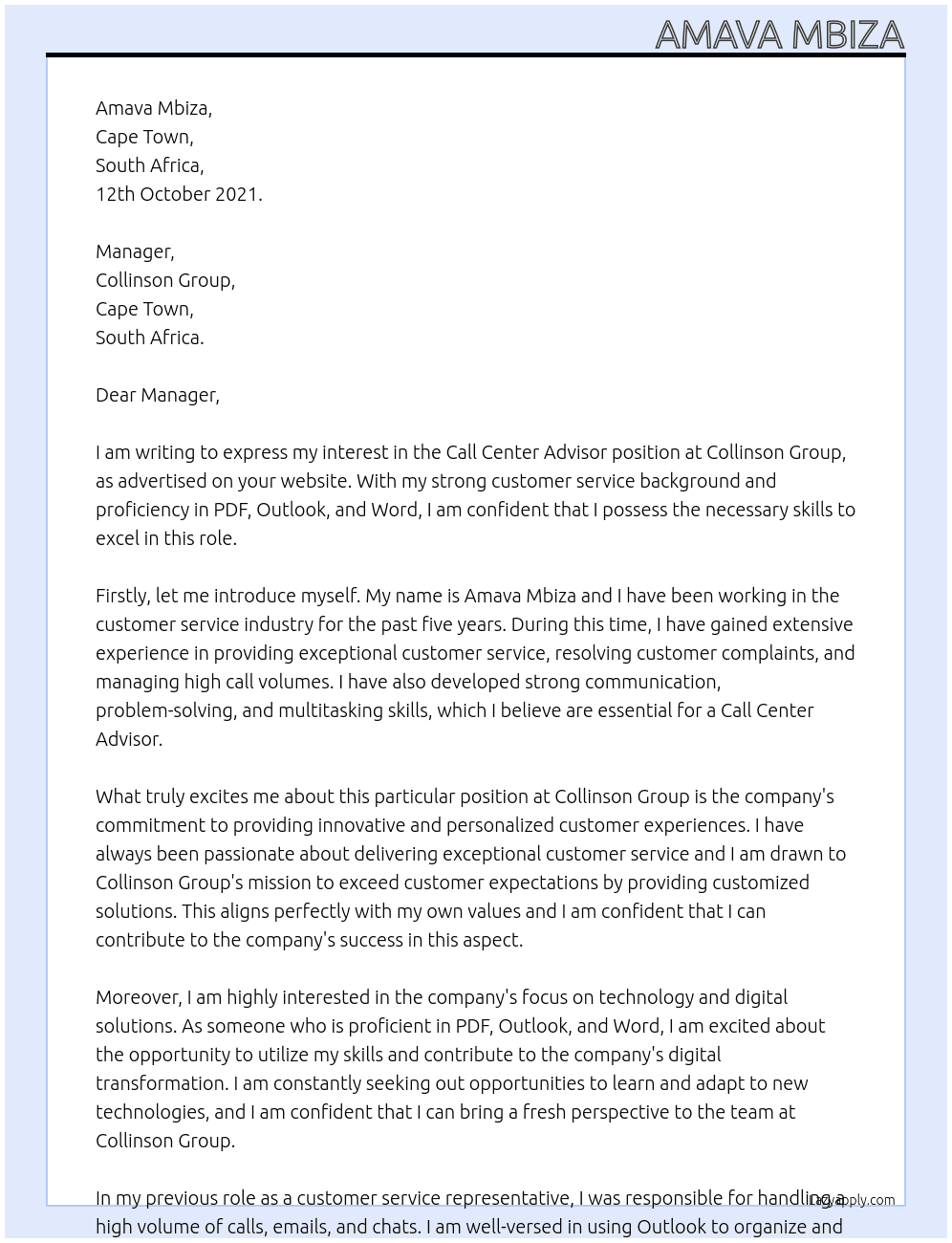 Call Center Advisor At Collinson Group Cover Letter