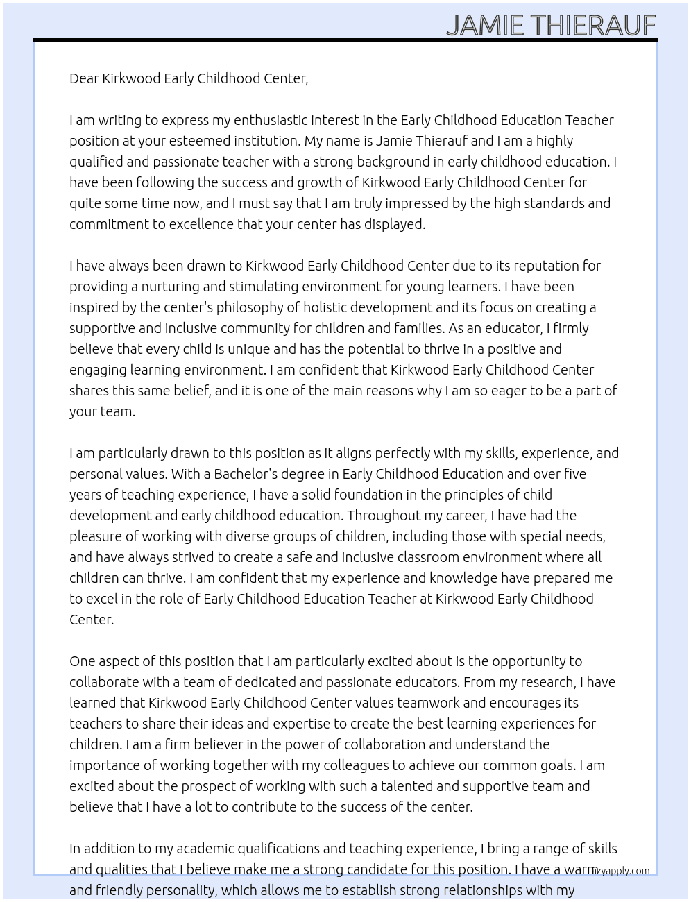 Early Childhood Education Teacher At Kirkwood Early Childhood Center Cover Letter