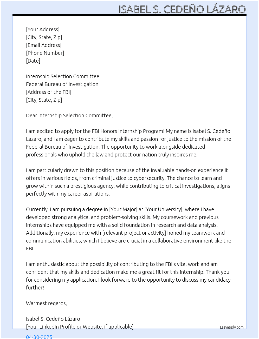 FBI Honors Internship Program At Federal Bureau of Investigation Cover Letter