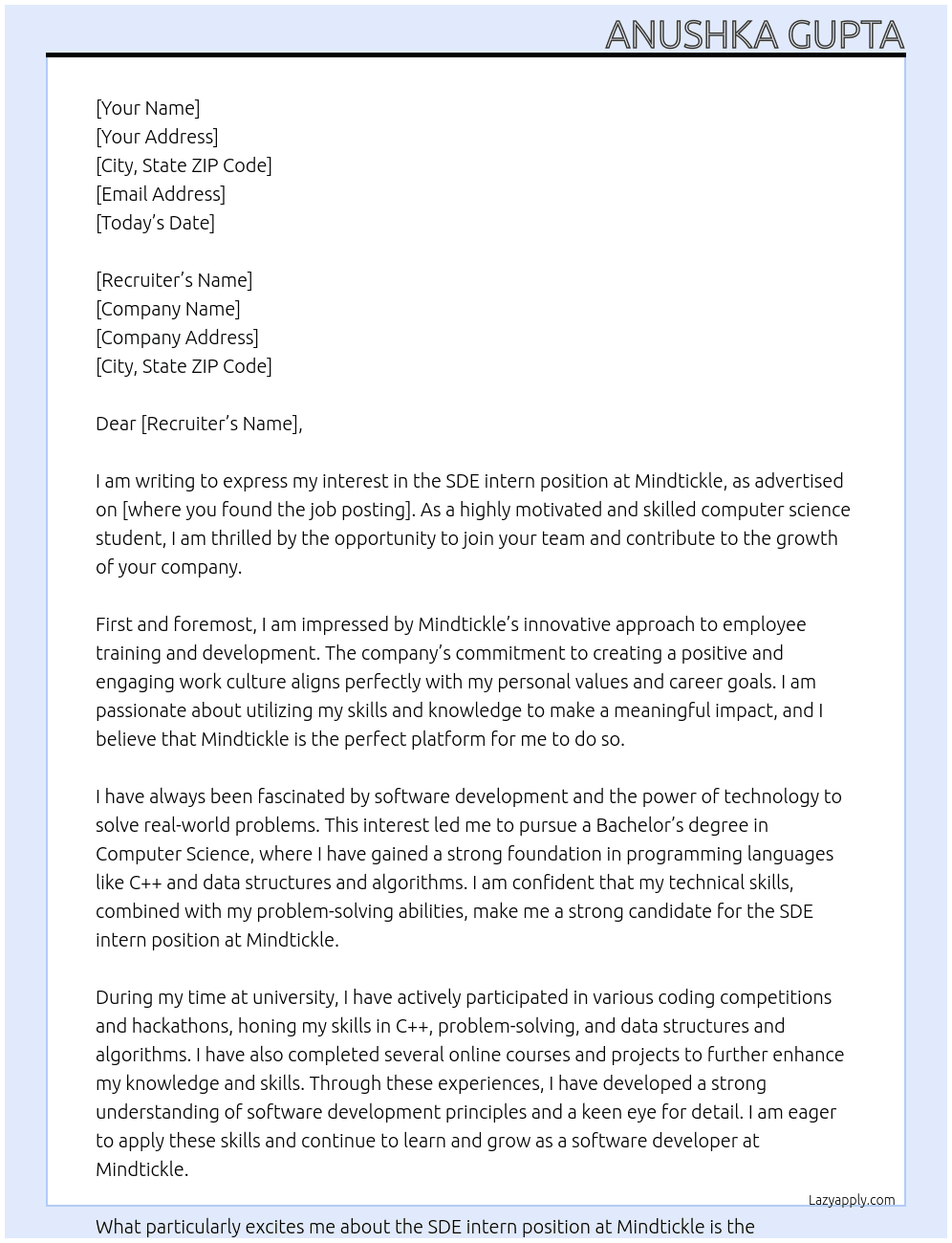 SDE intern At Mindtickle Cover Letter