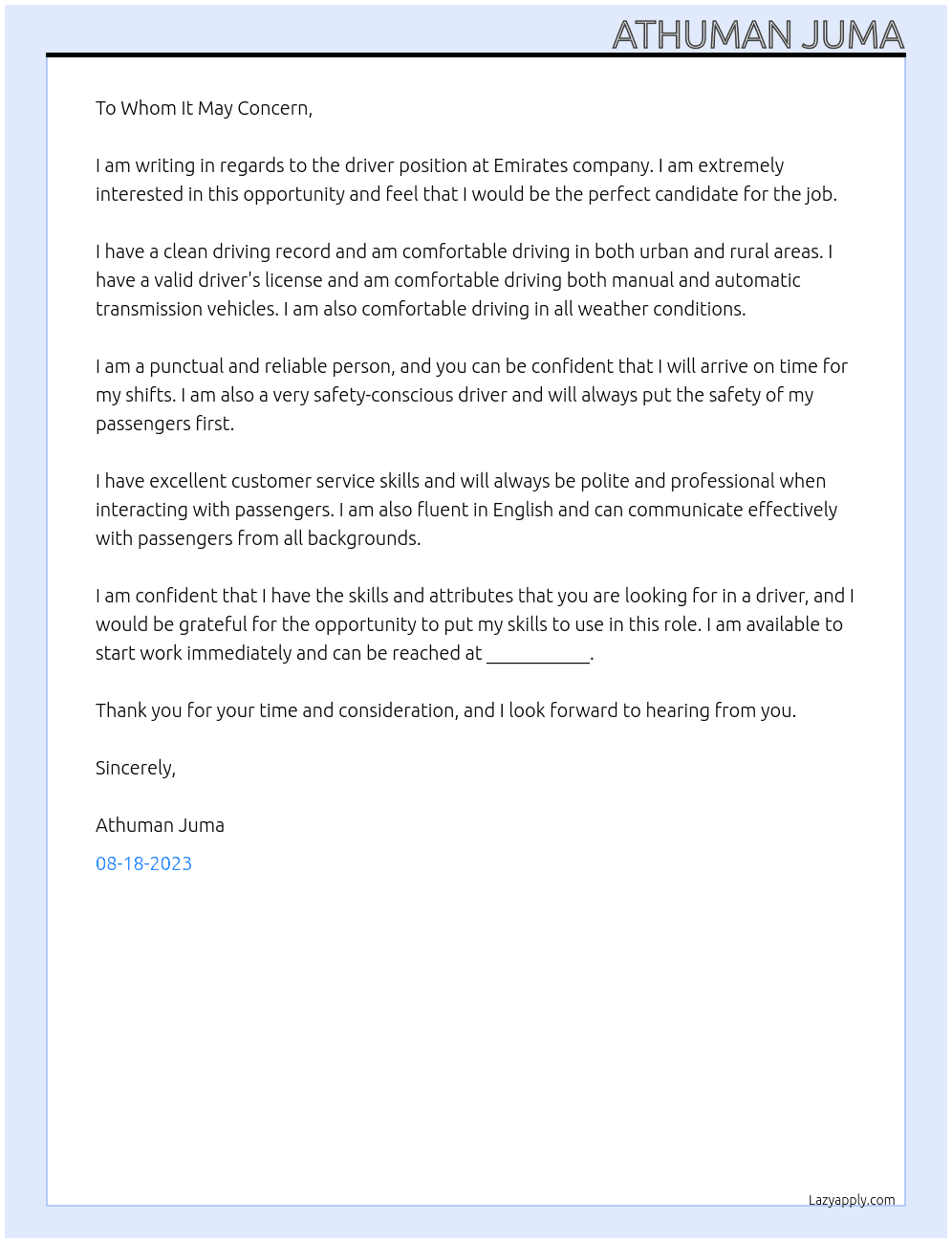 Driver  At Emirates company  Cover Letter