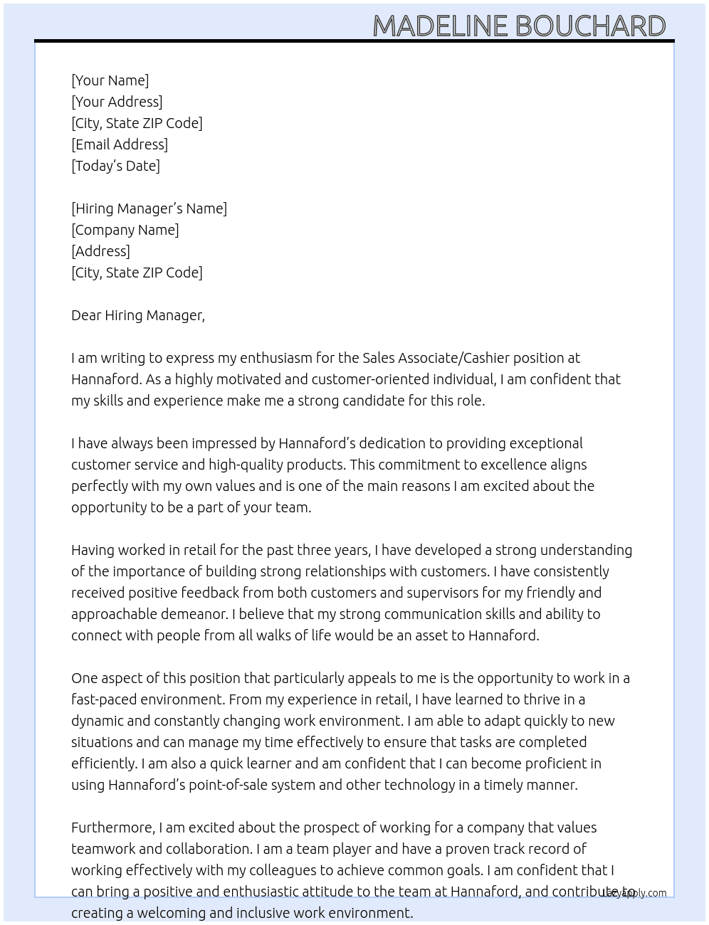 Sales Associate/Cashier  At Hannaford Cover Letter