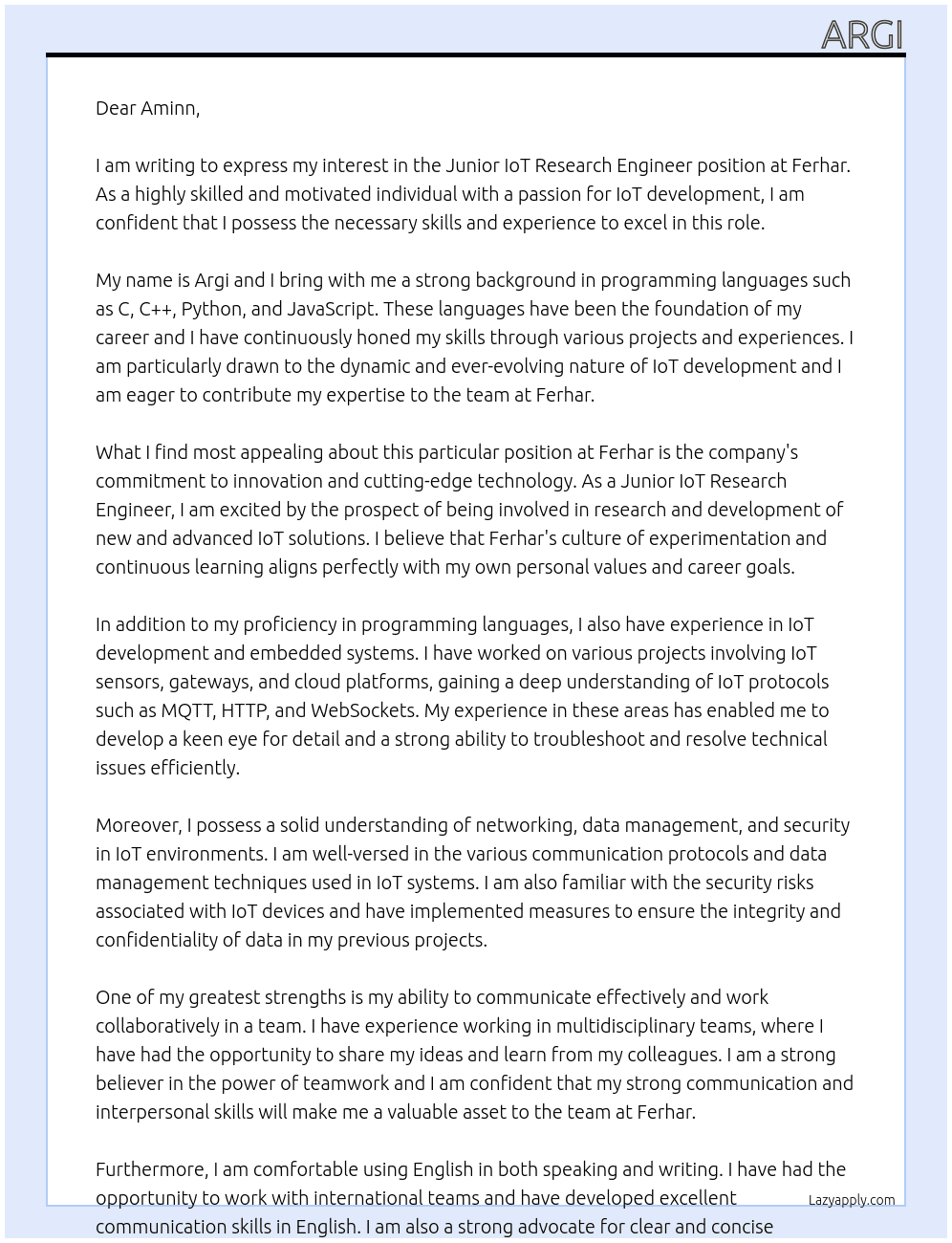 Junior IoT Research Engineer At Ferhar Cover Letter