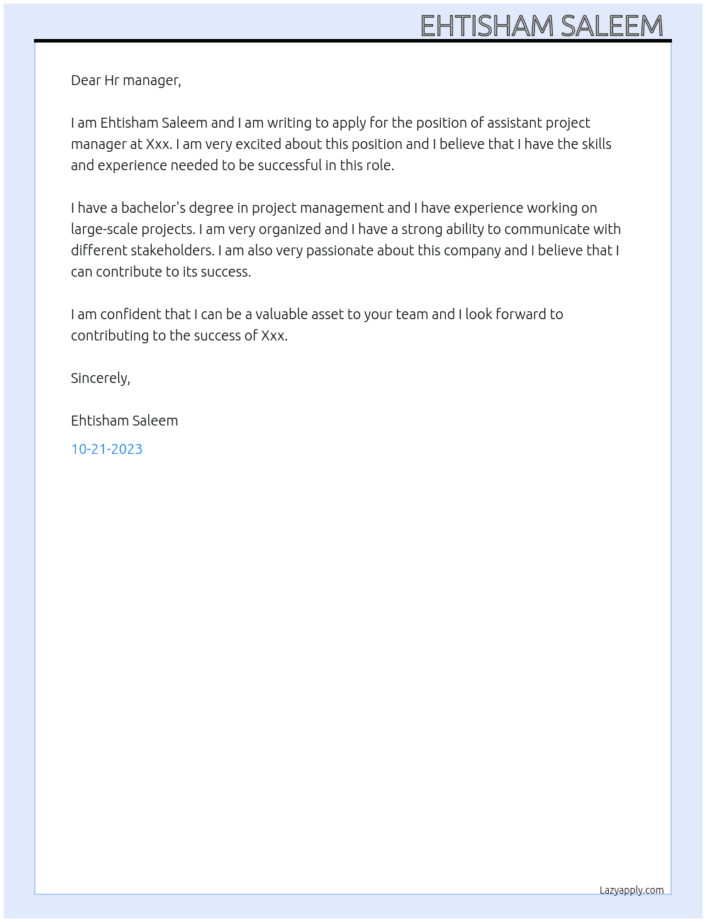 Assistant project manager  At Xxx Cover Letter
