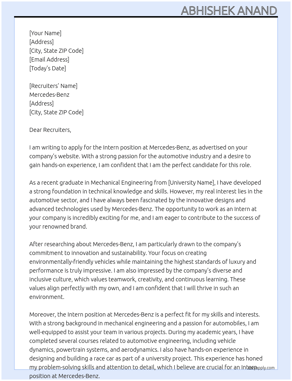 Intern At Mercedes-Benz Cover Letter