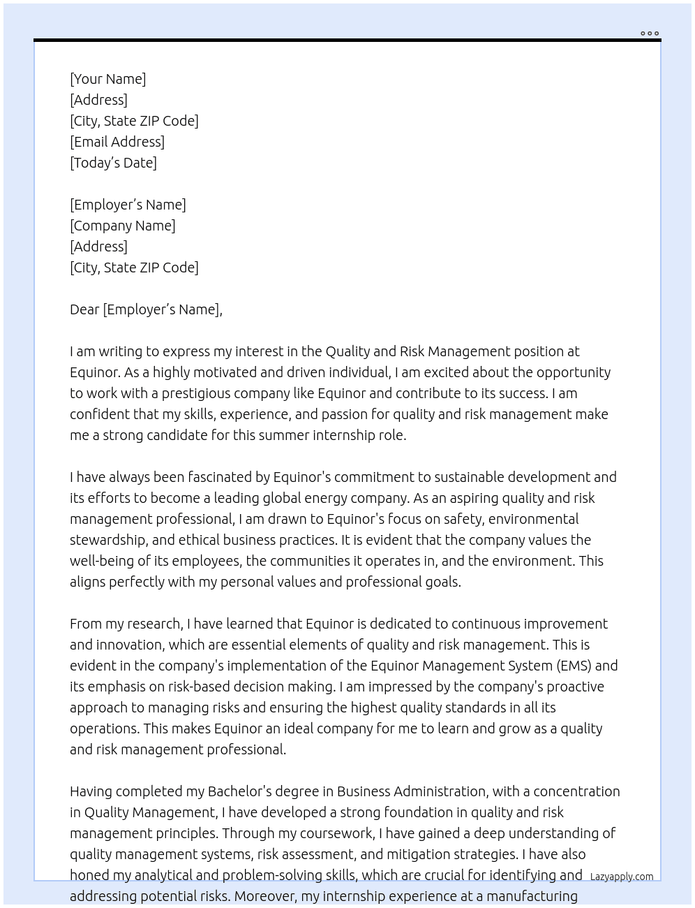 Quality and risk management At Equinor Cover Letter