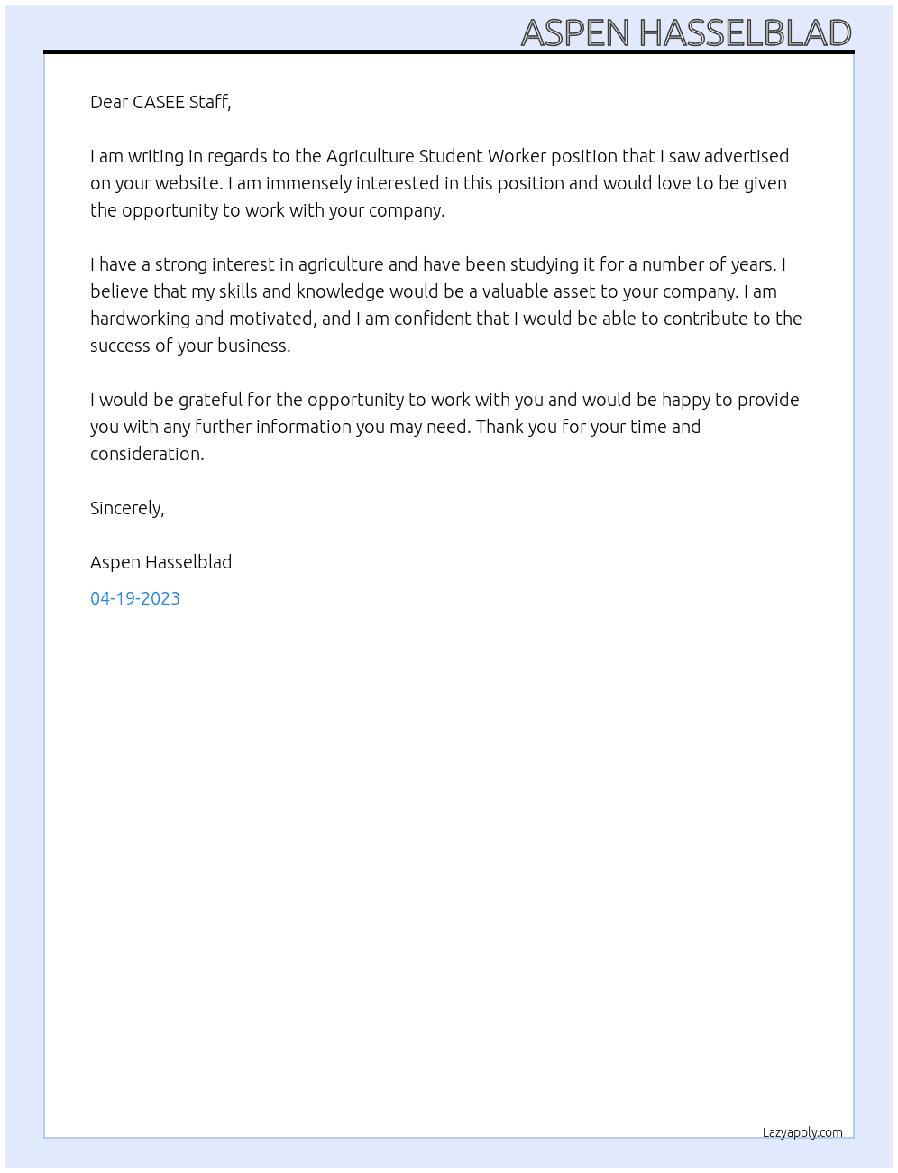 Agriculture Student Worker At CASEE Cover Letter