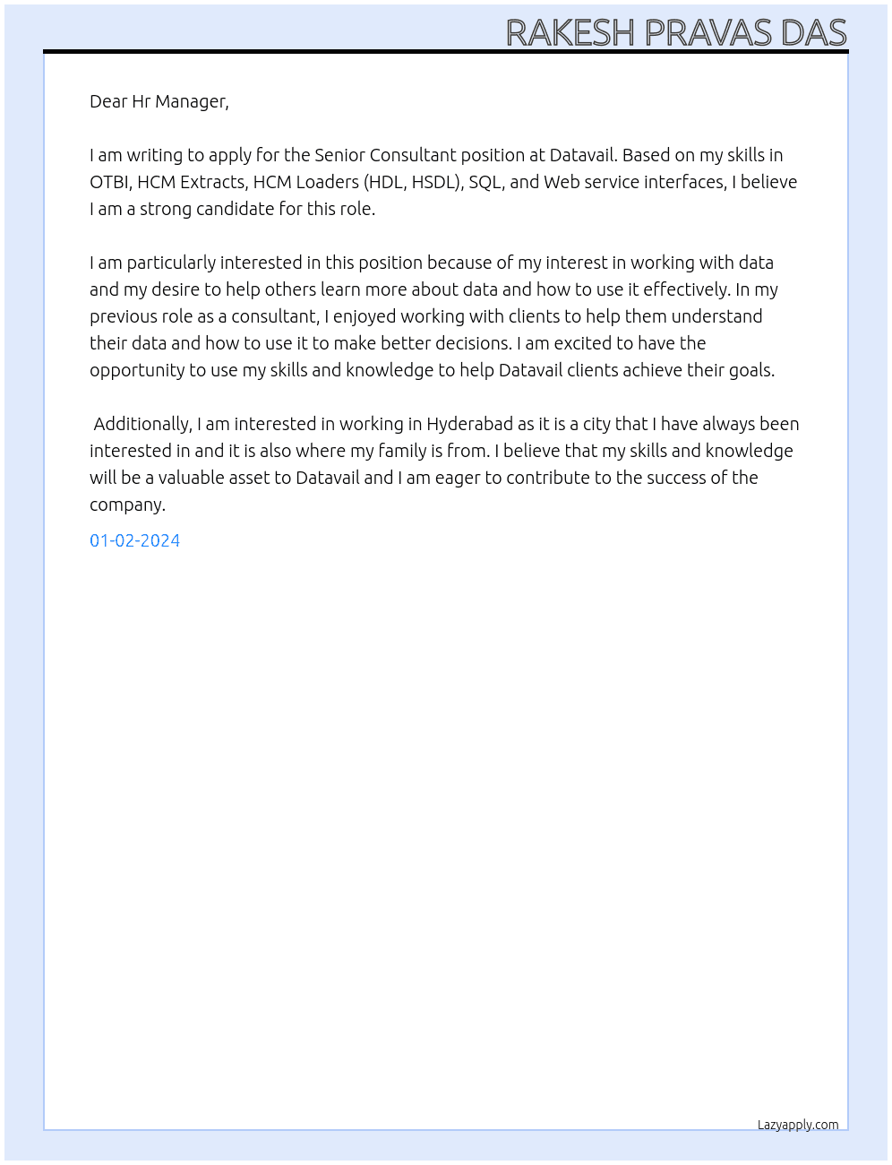 Senior Consultant At Datavail Cover Letter