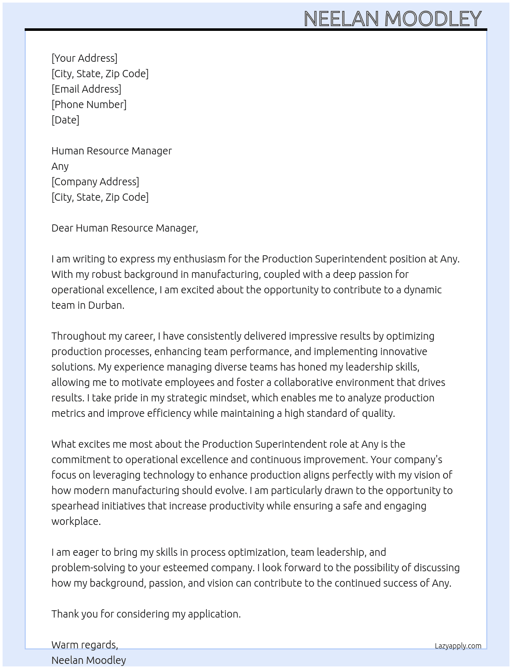 Production Superintendent  At Any Cover Letter