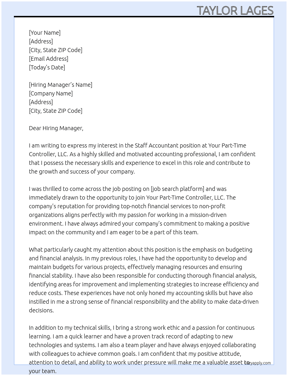 Staff Accountant At Your Part-Time Controller, LLC  Cover Letter