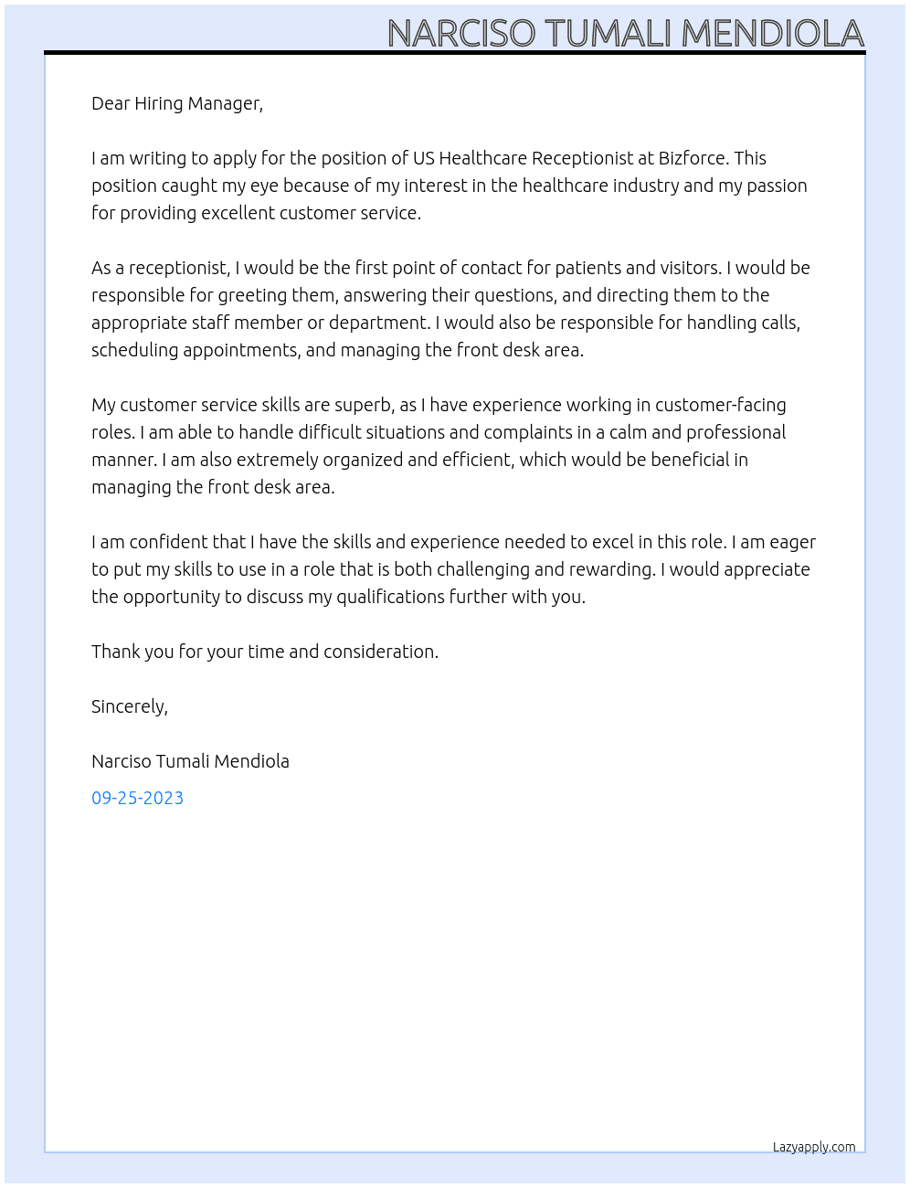 US Healthcare Receptionist At Bizforce Cover Letter