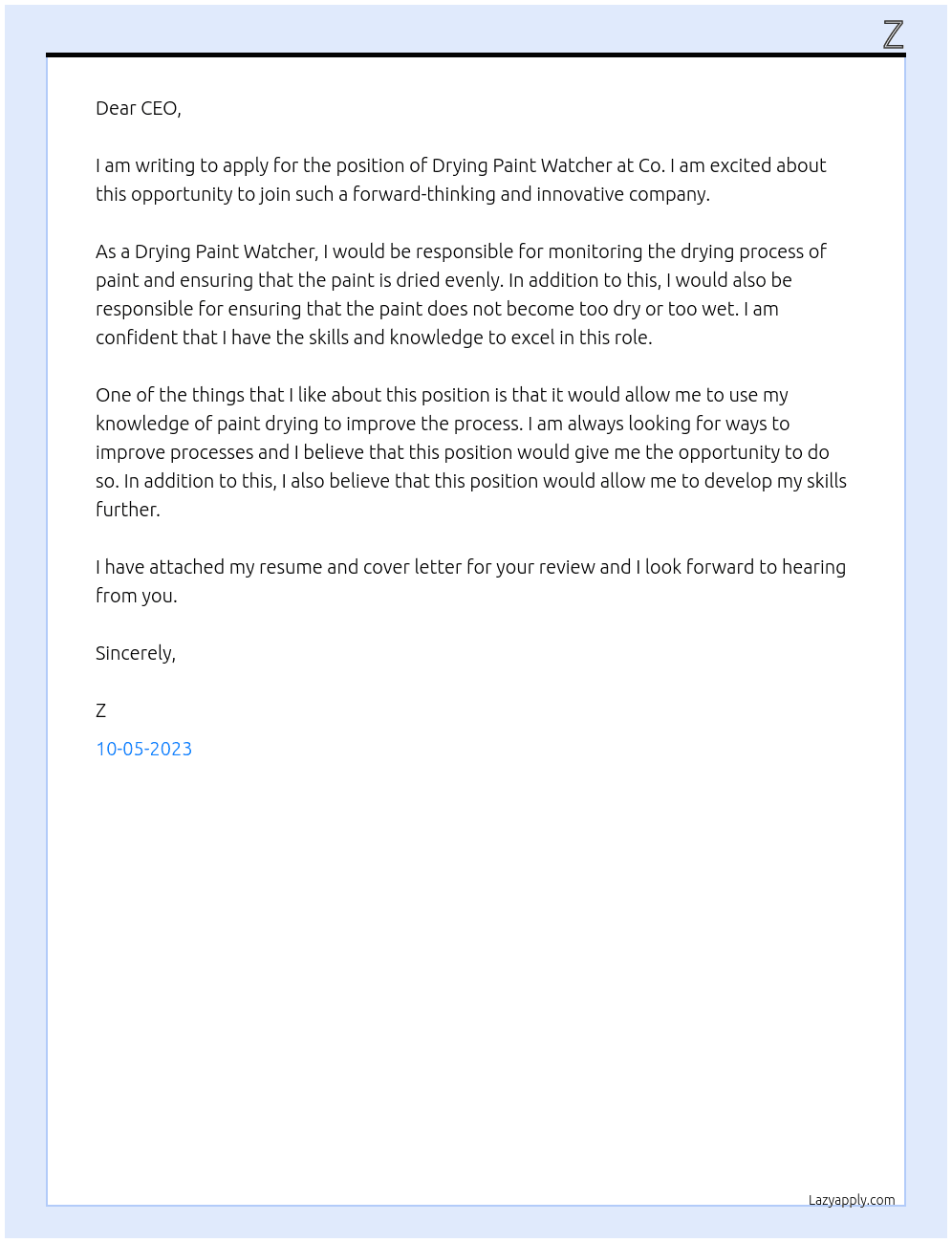 Drying paint watcher At Co. Cover Letter