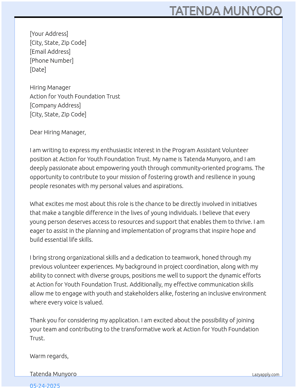 Program assistant volunteer At Action for youth foundation trust Cover Letter