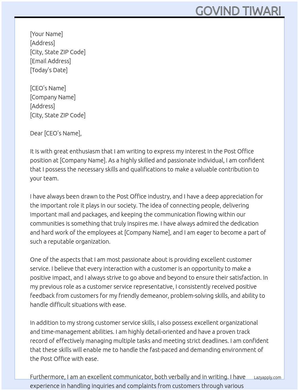 Post office At Post office Cover Letter