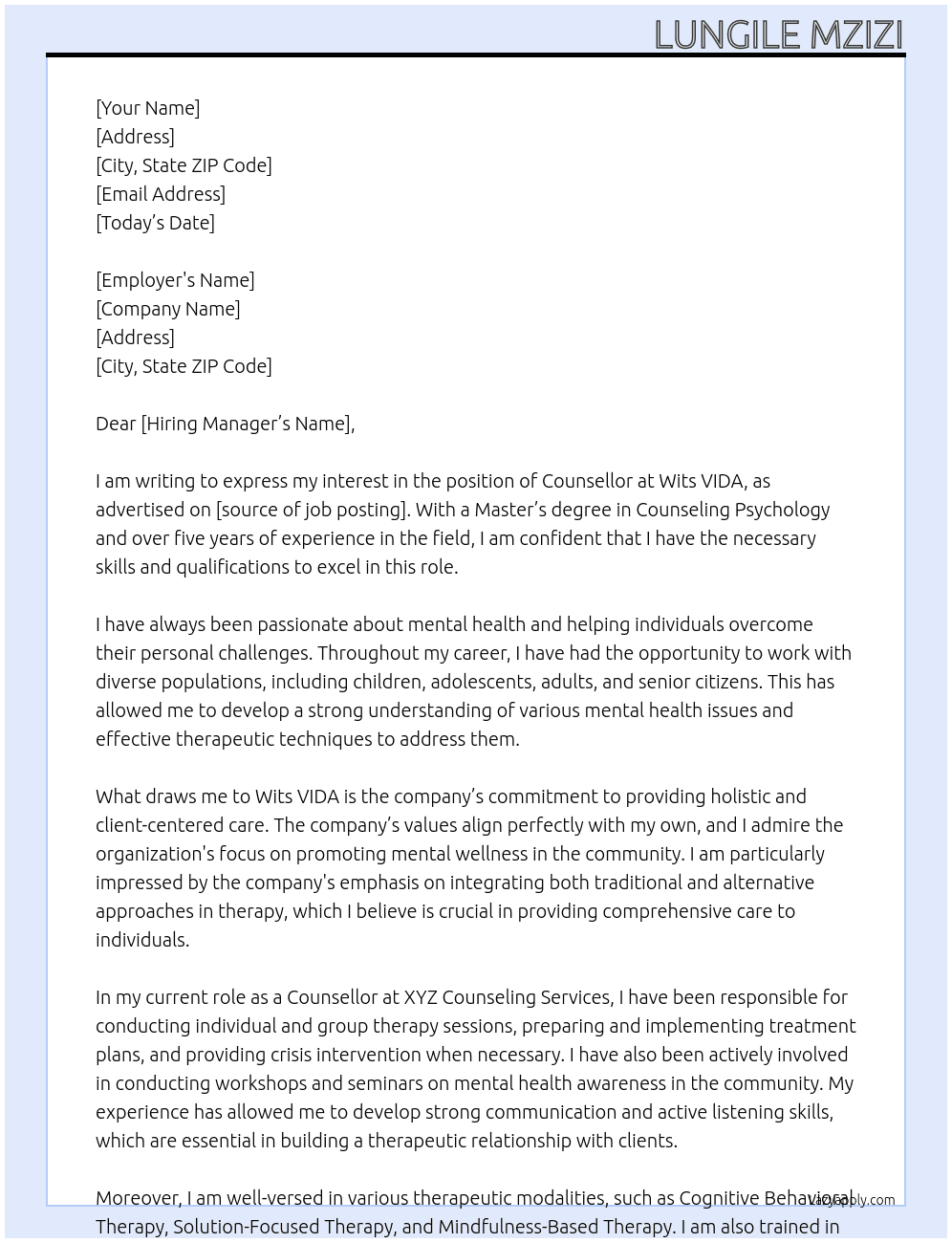 Counsellor  At Wits VIDA Cover Letter