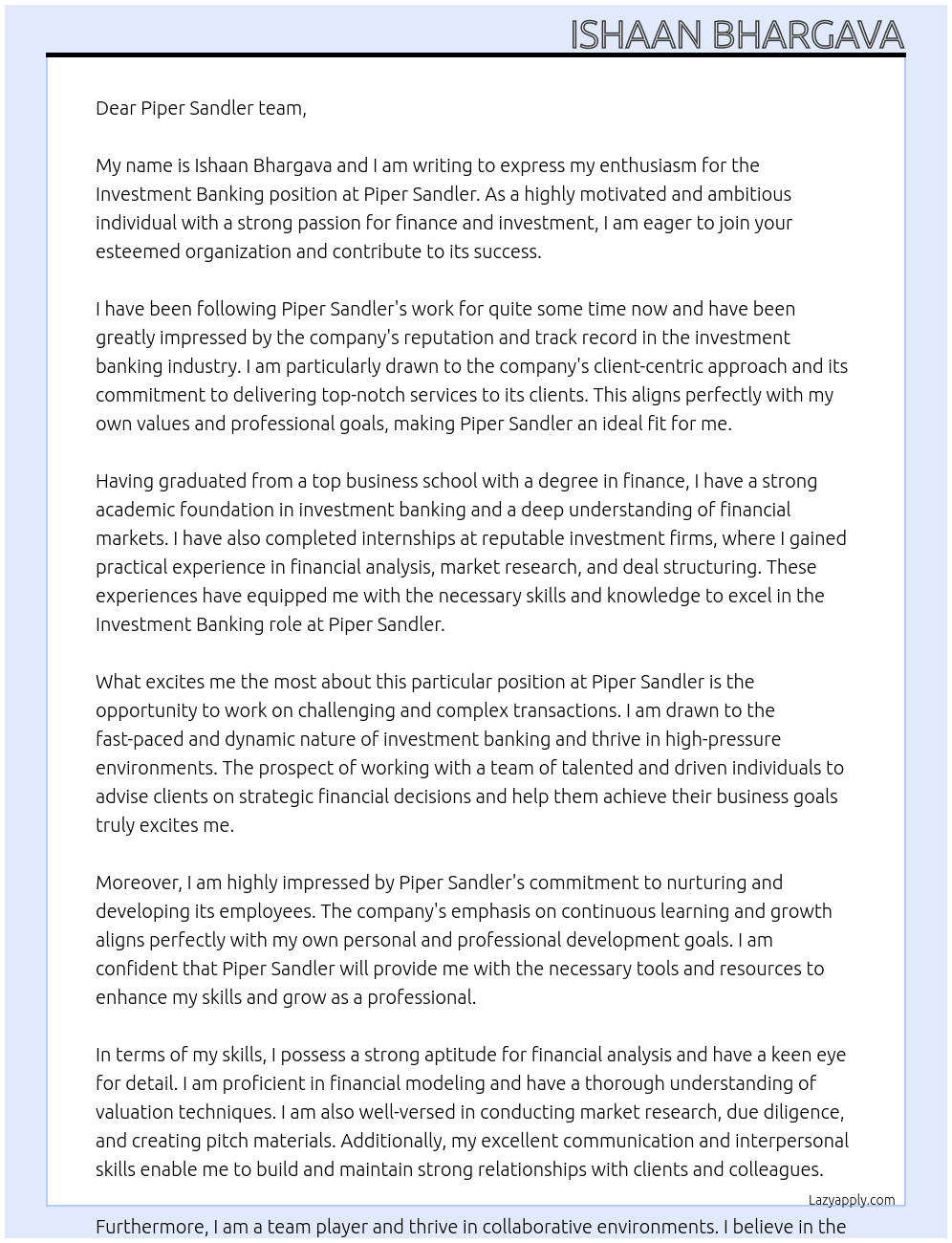 Investment Banking At piper sandler Cover Letter