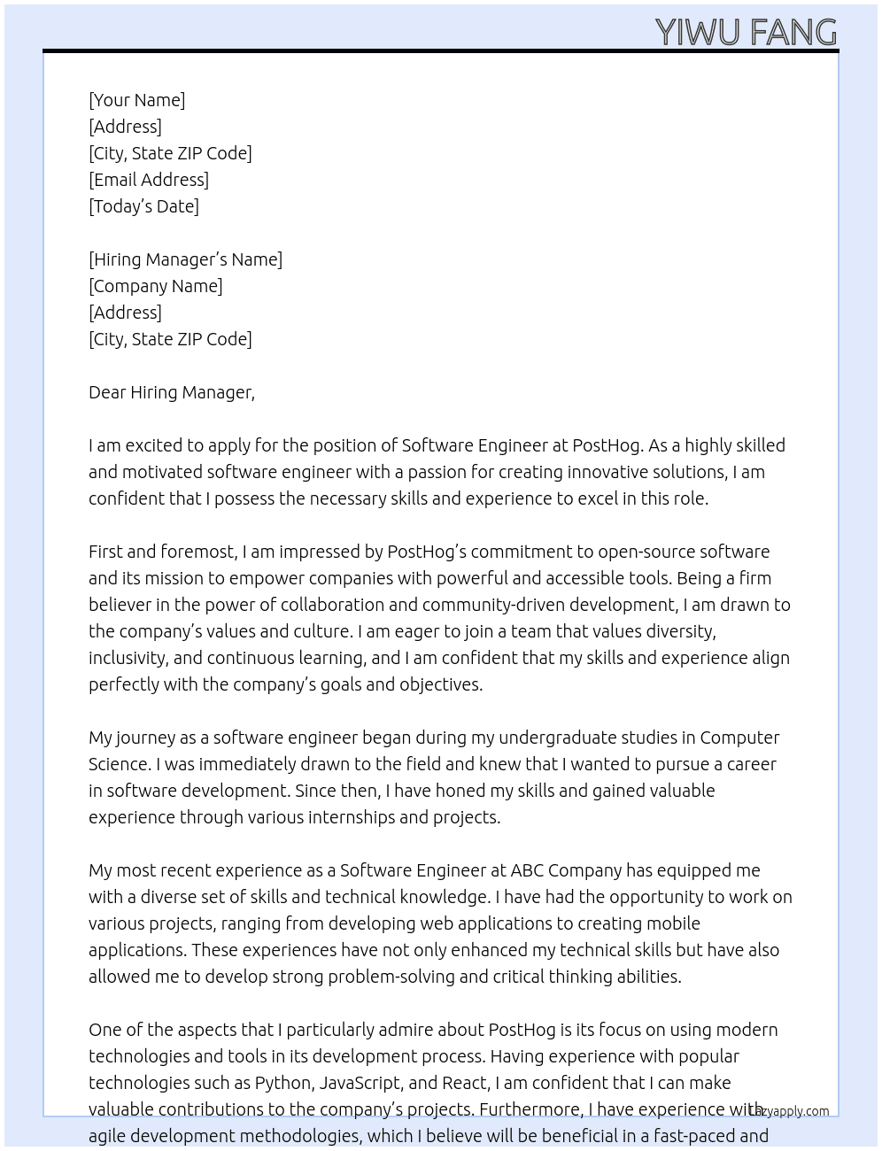 software engineer At PostHog Cover Letter
