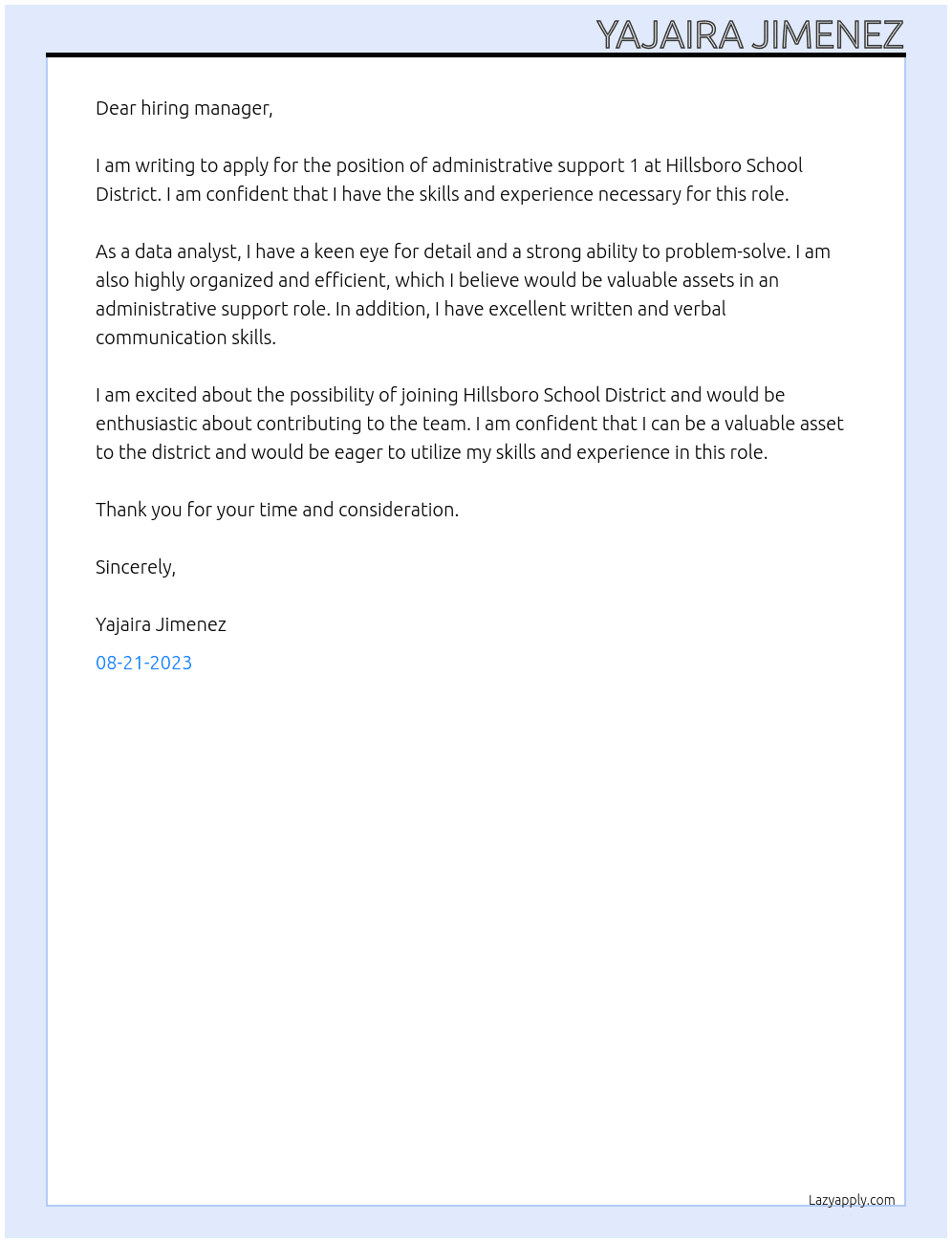 administrative support 1 At Hillsboro School District Cover Letter