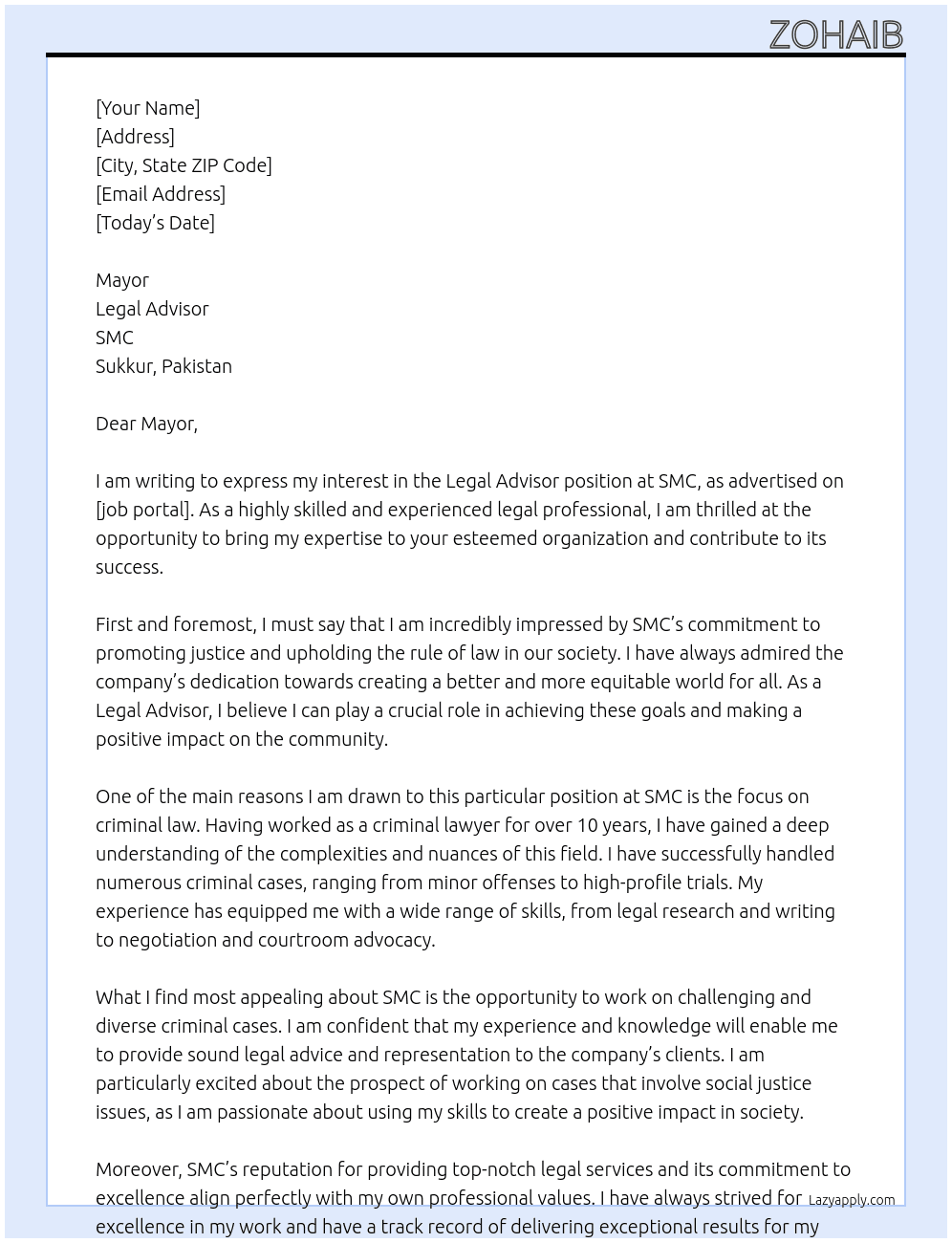 Legal Advisor  At SMC Cover Letter