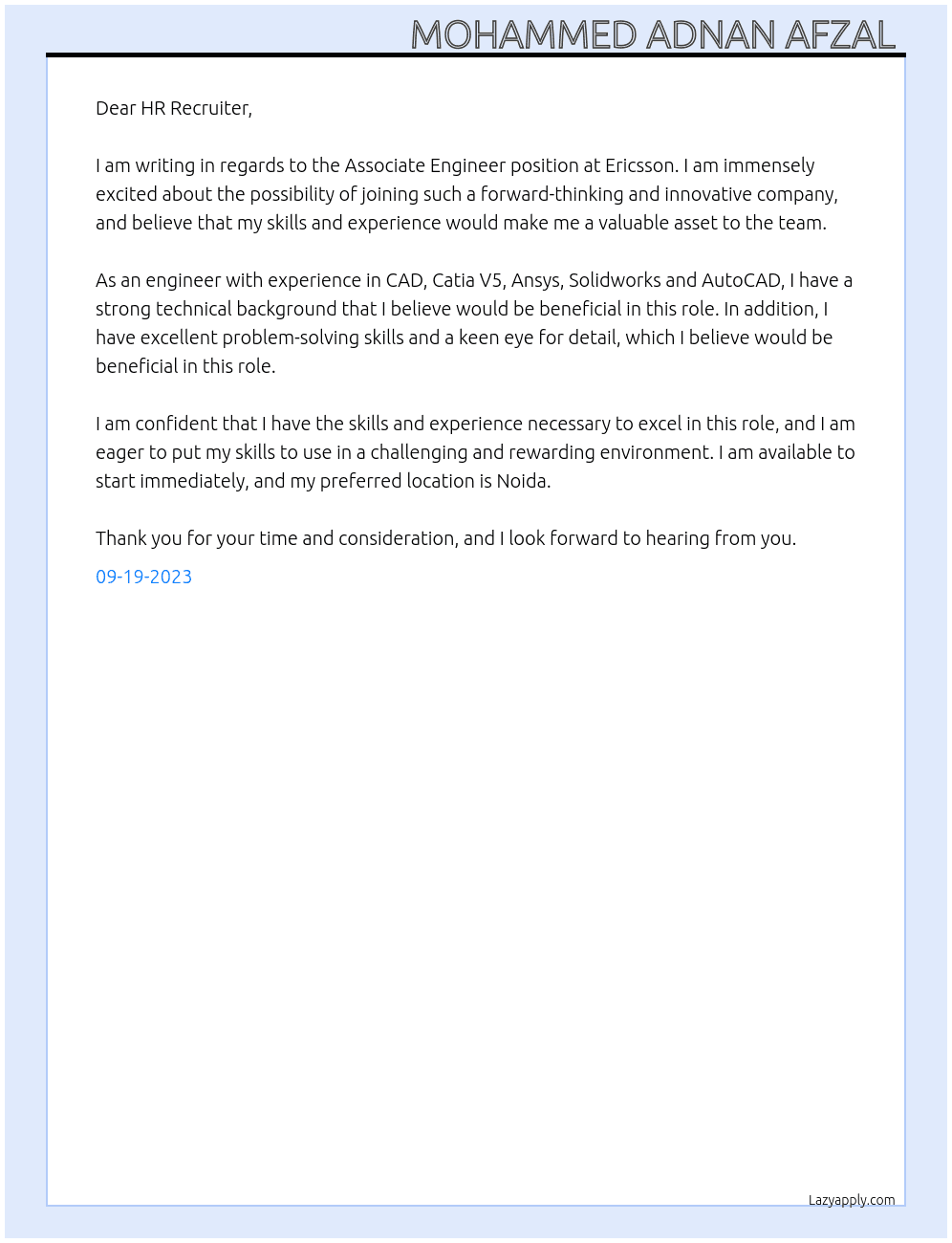 Associate Engineer  At Ericsson Cover Letter