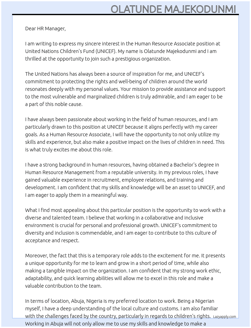 Human Resource associate At United nations children's fund Cover Letter