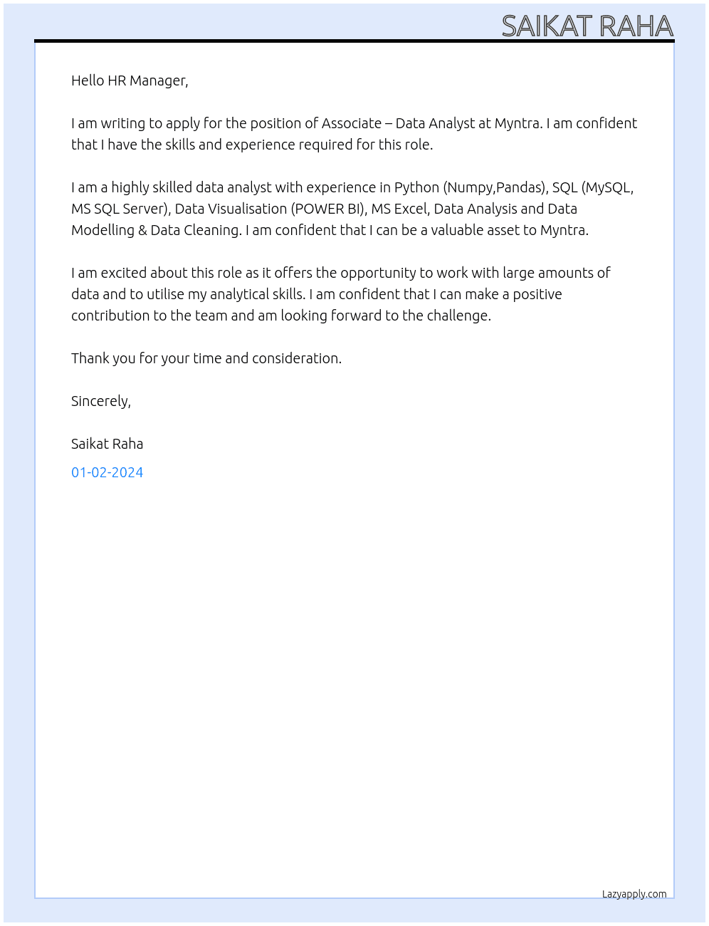 Associate – Data Analyst At  Myntra Cover Letter