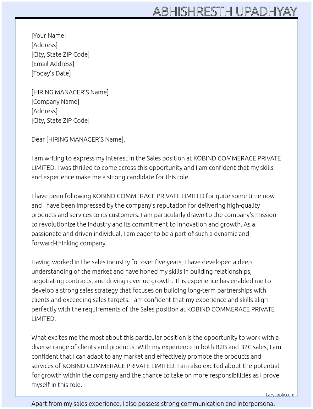 Sales At KOBIND COMMERACE PRIVATE LIMITED Cover Letter