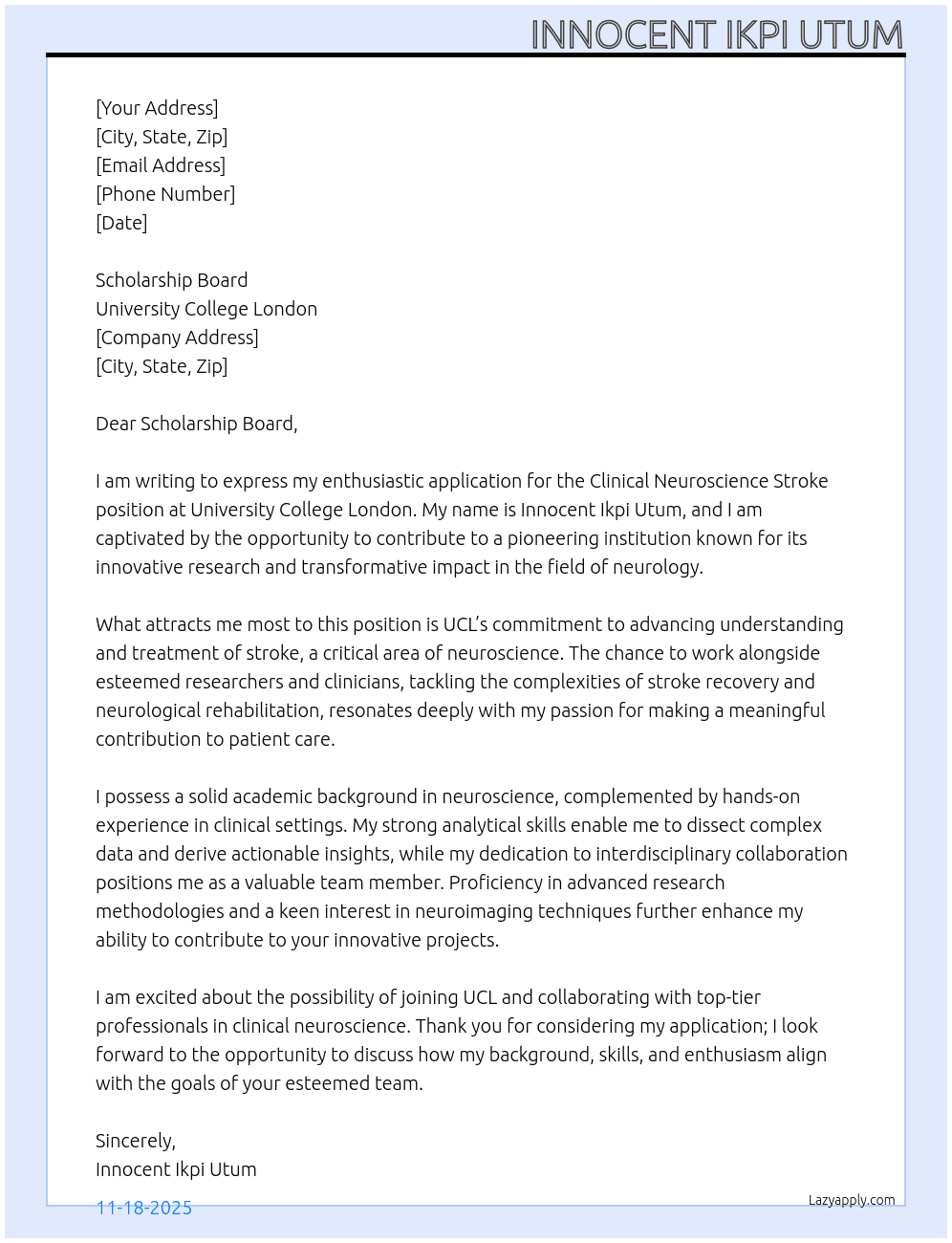 Clinical Neuroscience Stroke  At University College London  Cover Letter