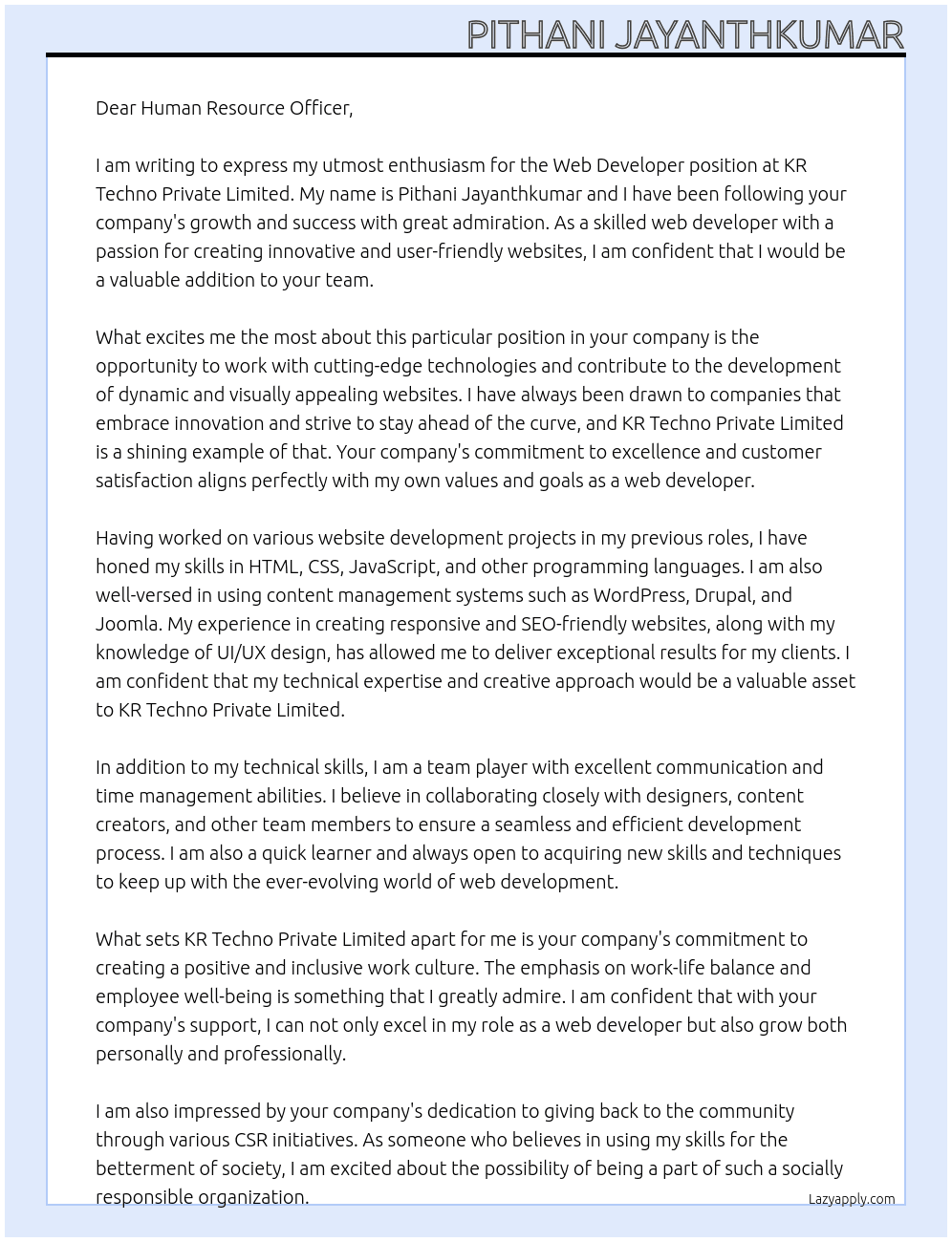 Web developer At KR Techno Private Limited Cover Letter
